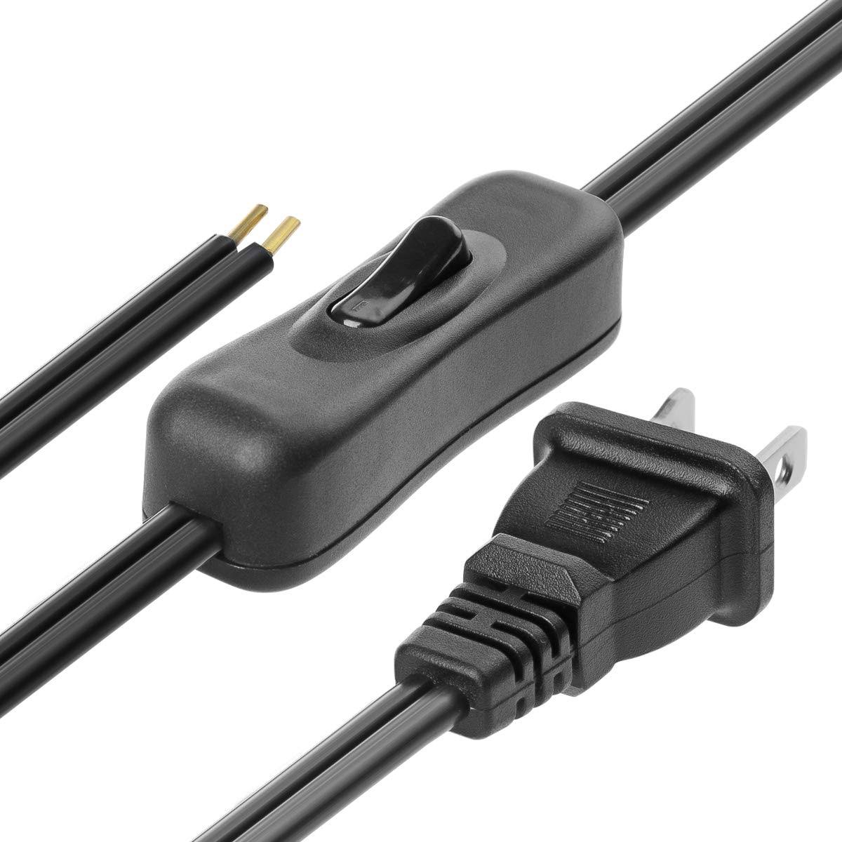 Lamp Cord Has Button Switch UL304 2A/120V,Plug,Stripped Ends Ready for Wiring 18 AWG SPT-2, Black (12ft)
