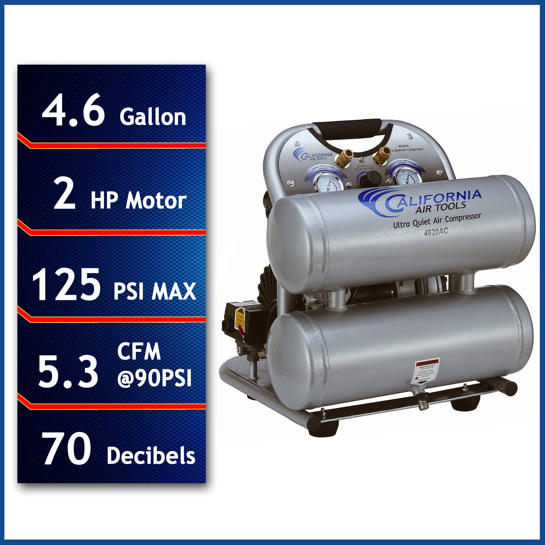 California Air Tools 4620AC-22060 Ultra Quiet & Oil-Free 2.0 HP, 4.0 gal. Aluminum Twin Tank Air Compressor