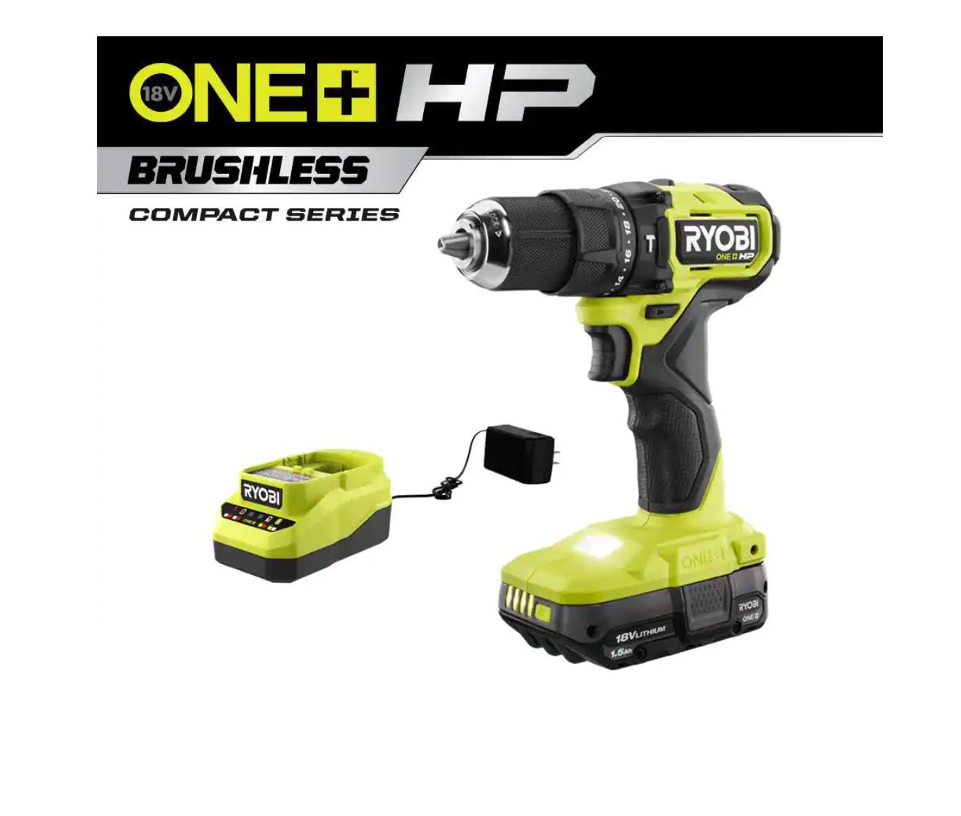 Ryobi PSBHM01K One+ HP 18V Brushless Cordless Compact 1/2 in. Hammer Drill Kit with (1) 1.5 Ah Battery and Charger