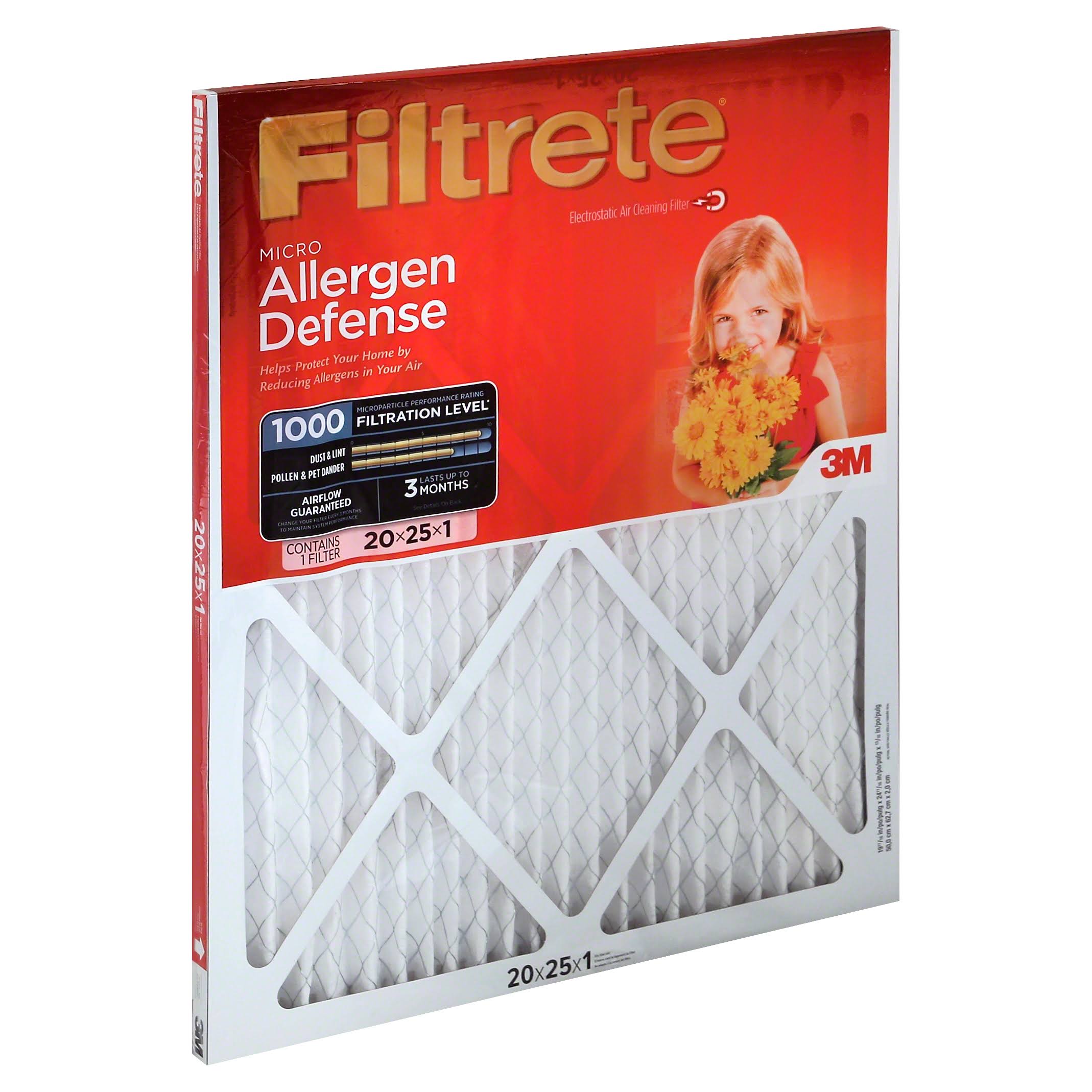 3M Filtrete Air FilterAir Filter, Electrostatic, Allergen Defense 1000