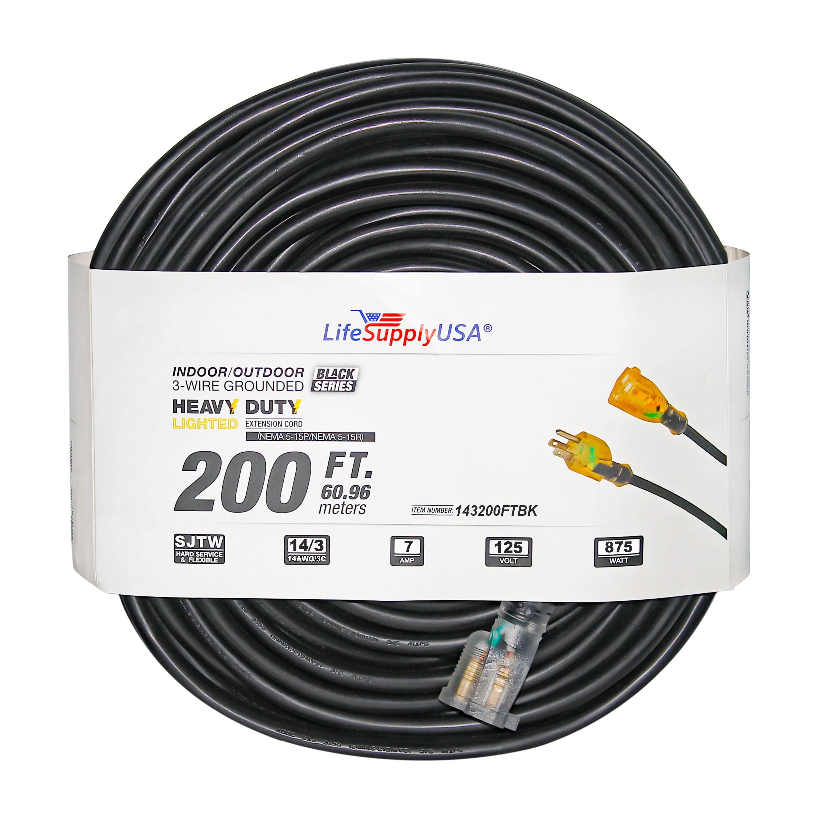 LifeSupplyUSA 200 ft. 14/3 SJTW 7 Amp 125-Volt 875-Watt Lighted End Indoor/Outdoor Black Heavy-Duty Extension Cord