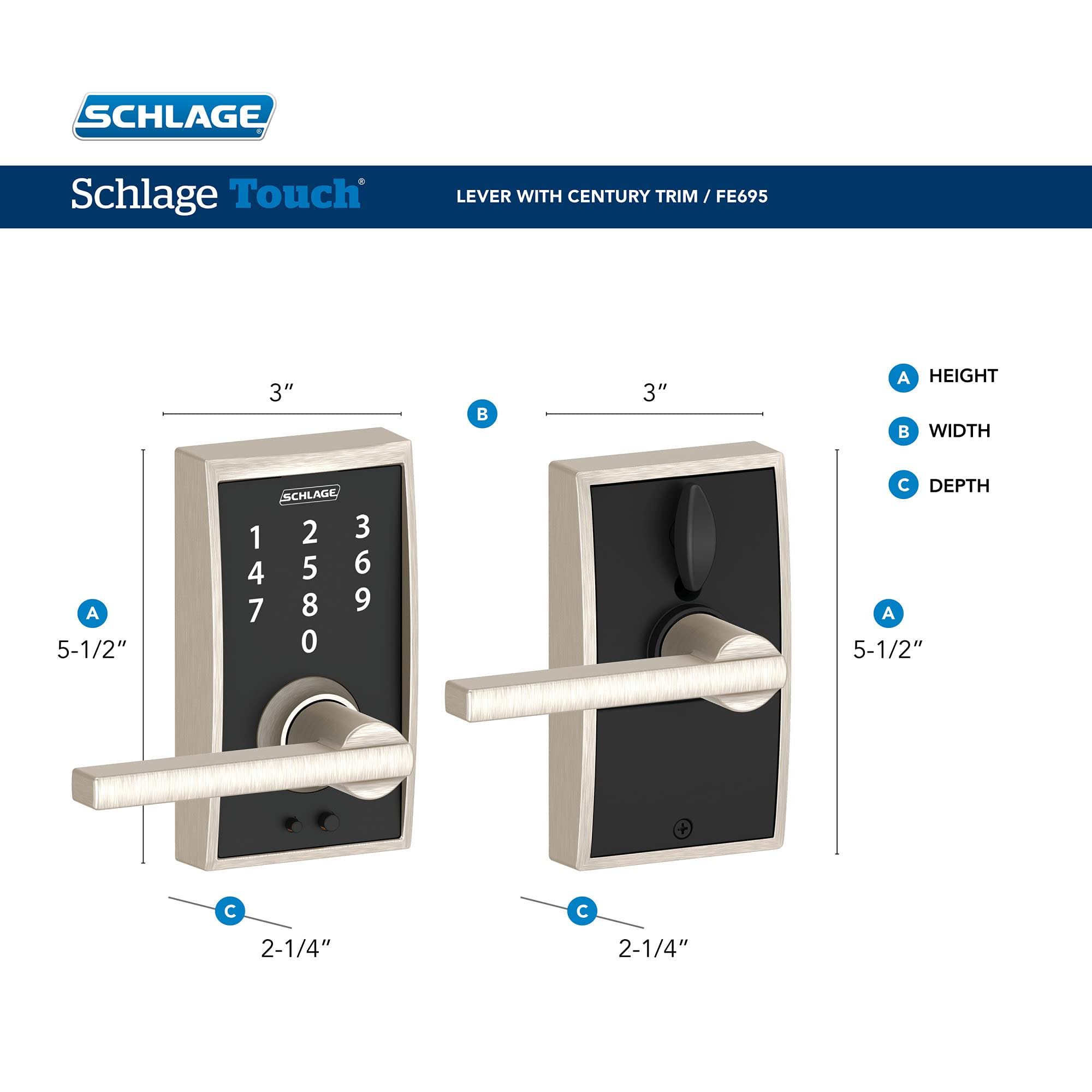 Schlage FE695 Cen 622 LAT Touch Century Lock with Latitude Lever, Electronic Keyless Entry Lock, Matte Black