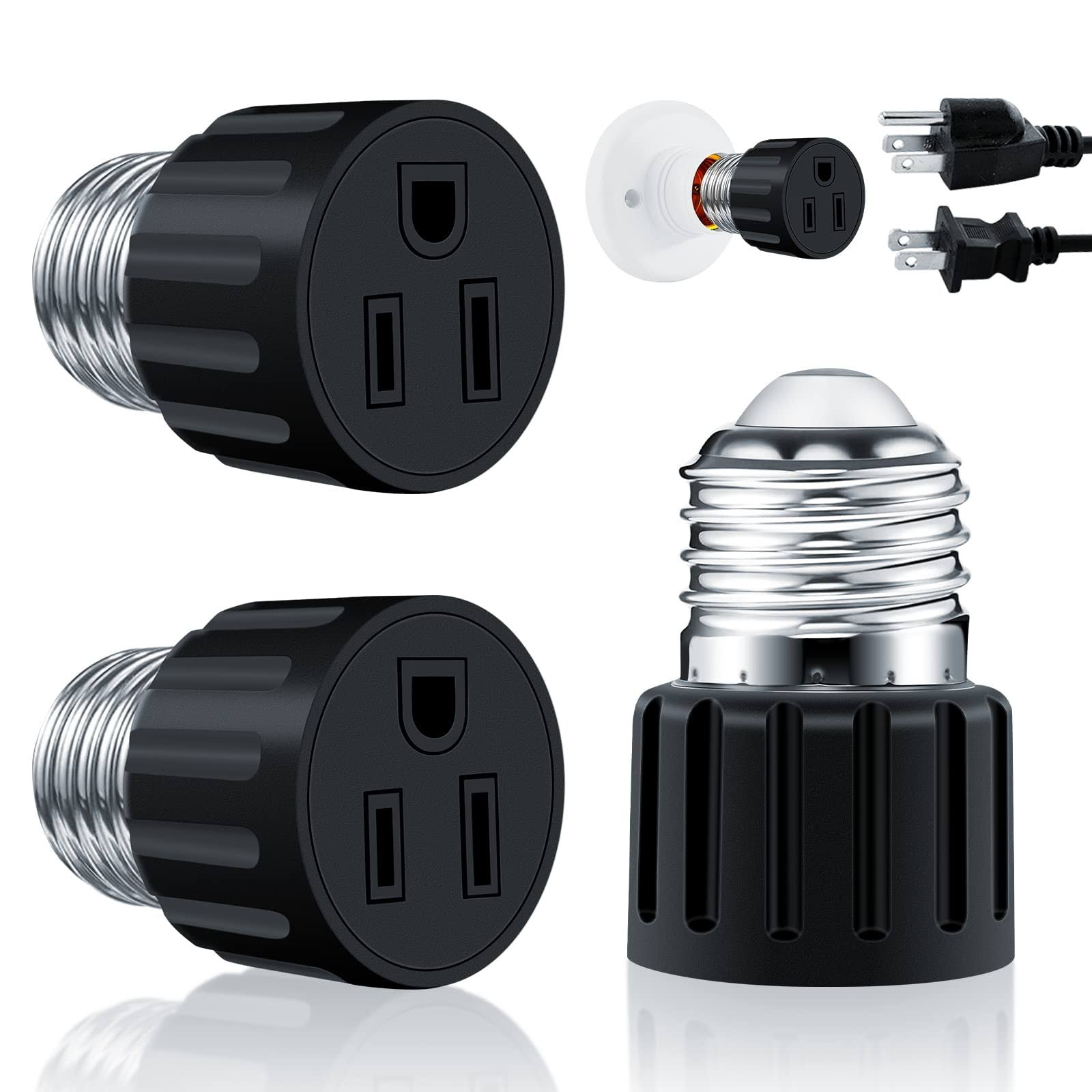 2 Packs ABORNI E26/E27 3 Prong Light Socket to Plug Adapter, Polarized Screw in Outlet for Light Socket Adapter Outlet 3Prong Light Bulb Socket