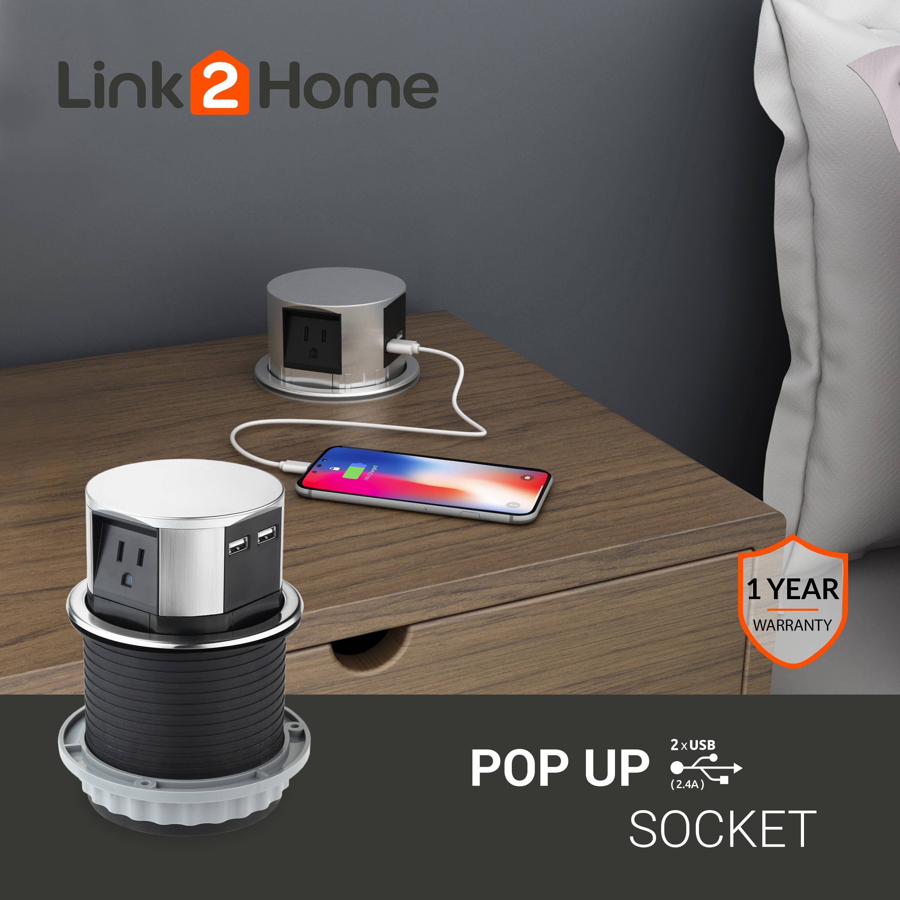 Link2Home Space Saver Pop Up Outlet, 3 Power Outlets 15A, 2 USB Ports, Stainless