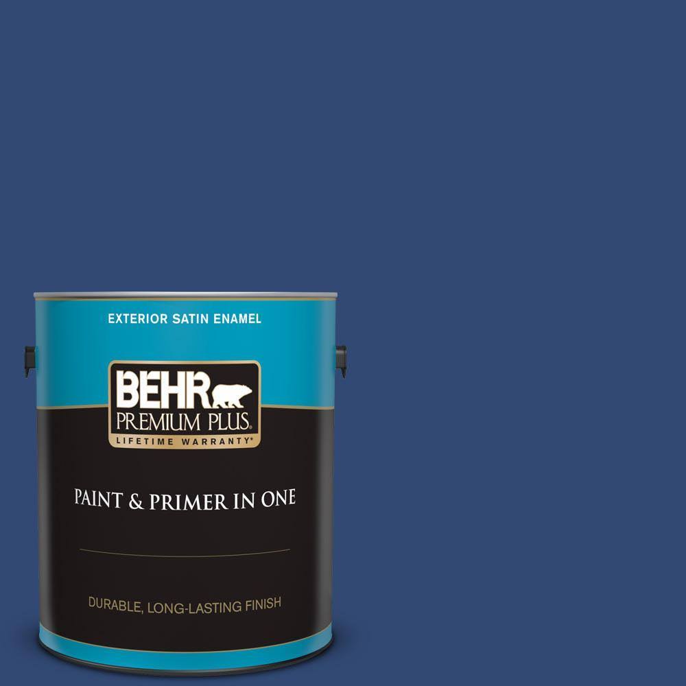 BEHR Premium Plus 1 gal. #S-H-580 Navy Blue Satin Enamel Exterior Paint and Primer in One