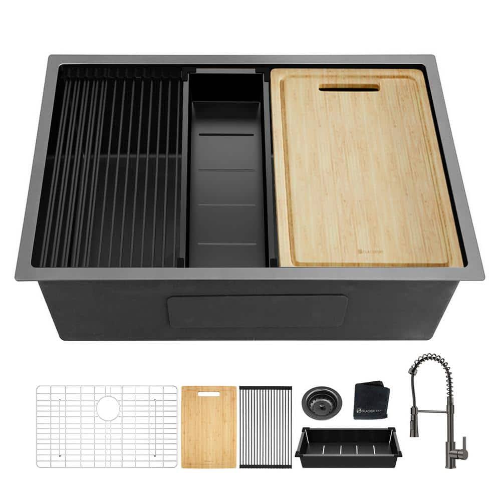 Glacier Bay 27 in. Gunmetal Black Stainless Steel Single Bowl Undermount Workstation Kitchen Sink with Black Spring Neck Faucet