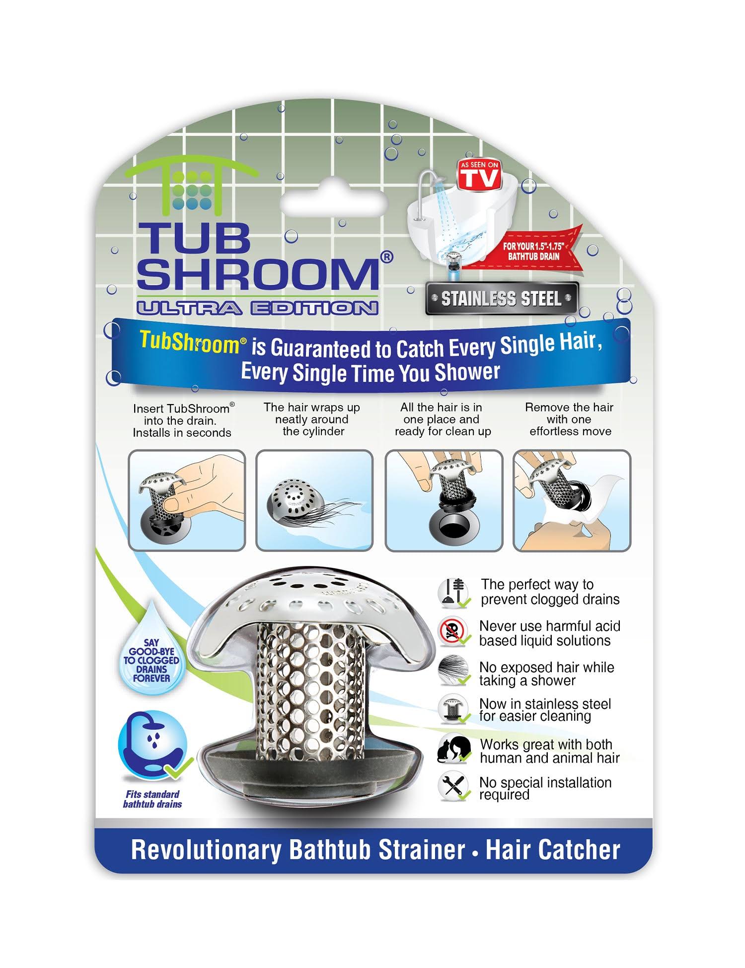 TubShroom Ultra Revolutionary Bath Tub Drain Protector Hair Catcher/Strainer/Snare Stainless Steel