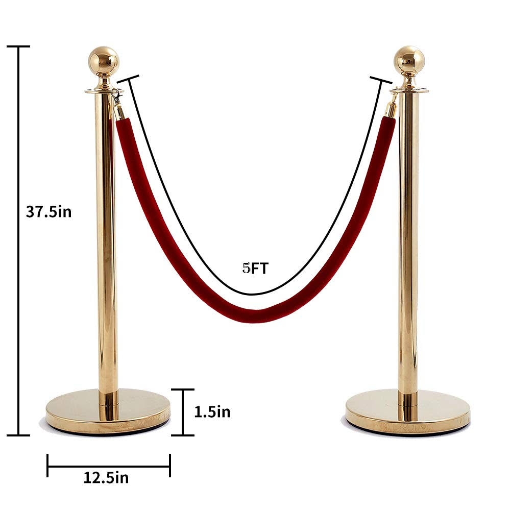 HYNAWIN Gold Stanchion Set 6pcs, Stanchion Posts Queue Pole 5ft 3 Red Velvet Ropes Crowd Control Barrier