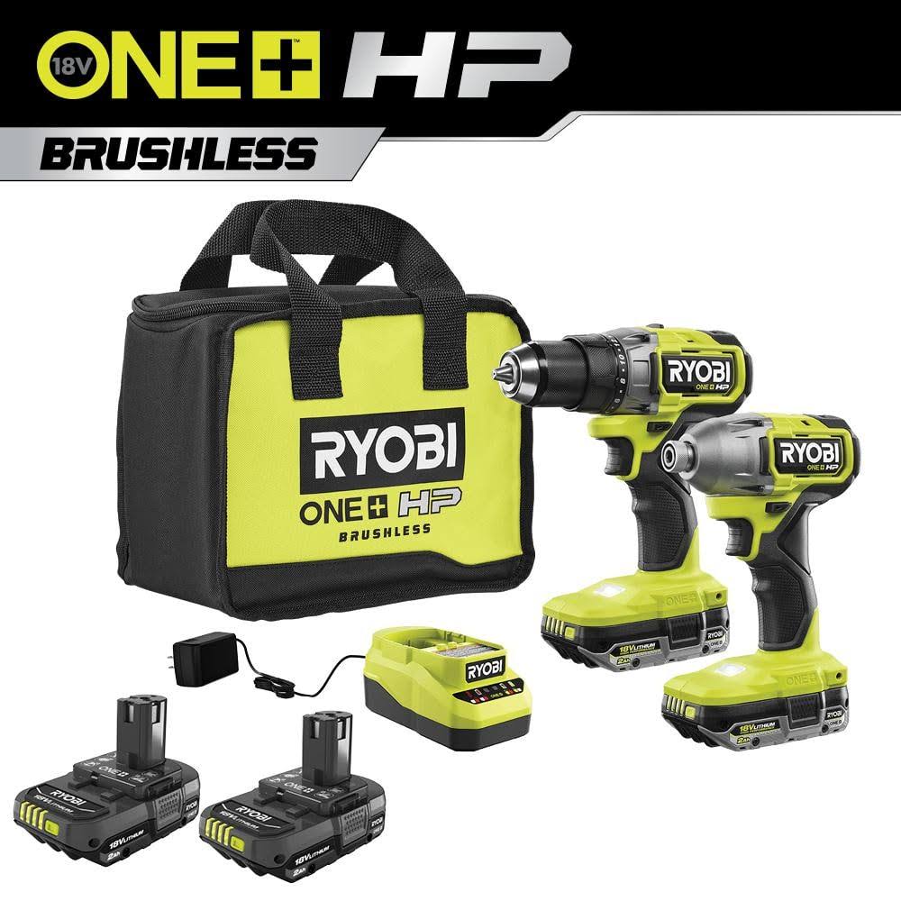Ryobi One+ HP 18V Brushless Cordless 1/2 in. Drill/Driver and Impact Driver Kit w/ (4) 2.0 Ah Batteries, Charger, and Bag