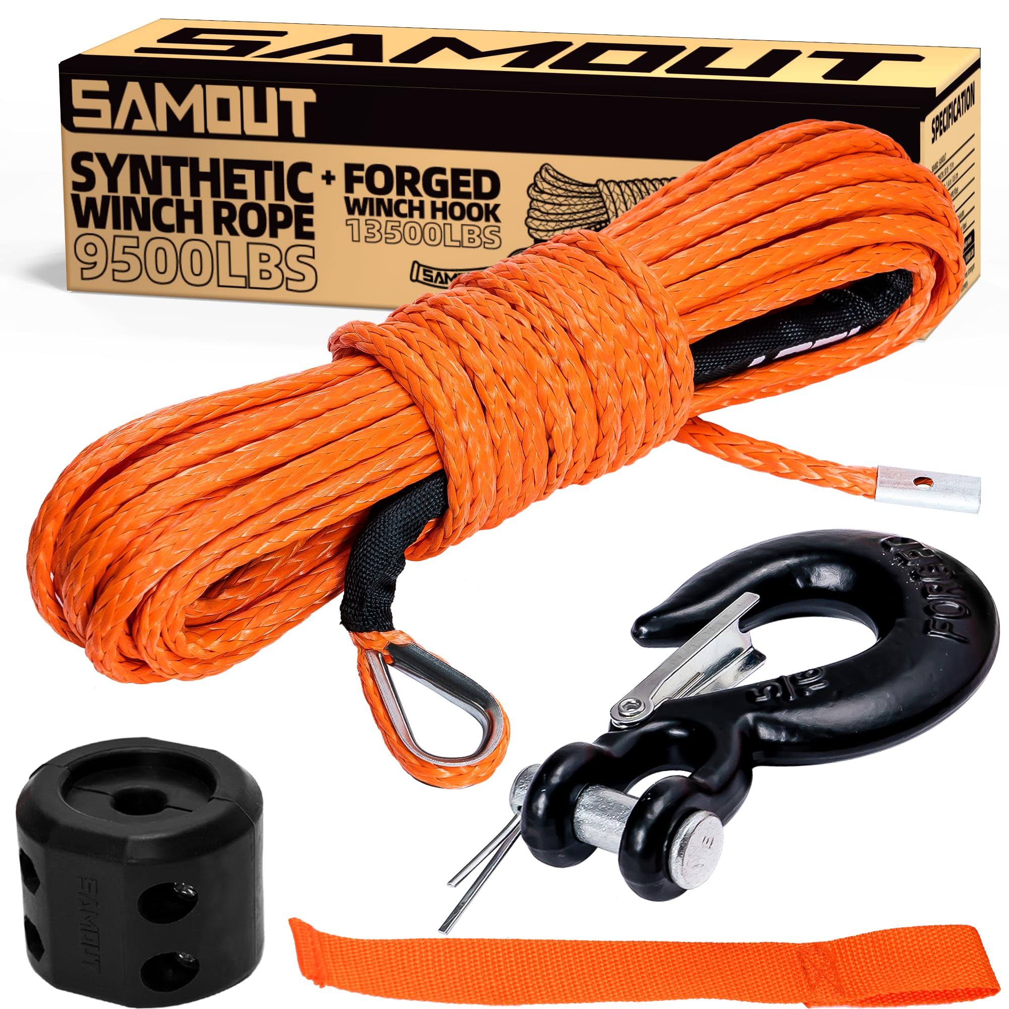 SAMOUT Synthetic Winch Rope Kit, 1/4in x 50ft 9500lbs Cable + Forged 13500LBS Winch Hook + Rubber Stopper + Safety Pull Strap