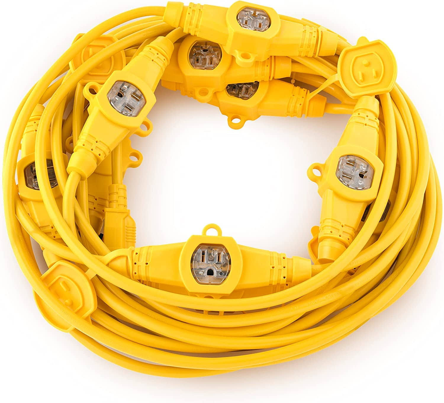 Colsen 50ft Yellow Power Extension Cord 3 Prong 6 NEMA 5-15R Female Socket- Red LED Indicator 14 Gauge SJTW Cable Male to Female Connector Stage