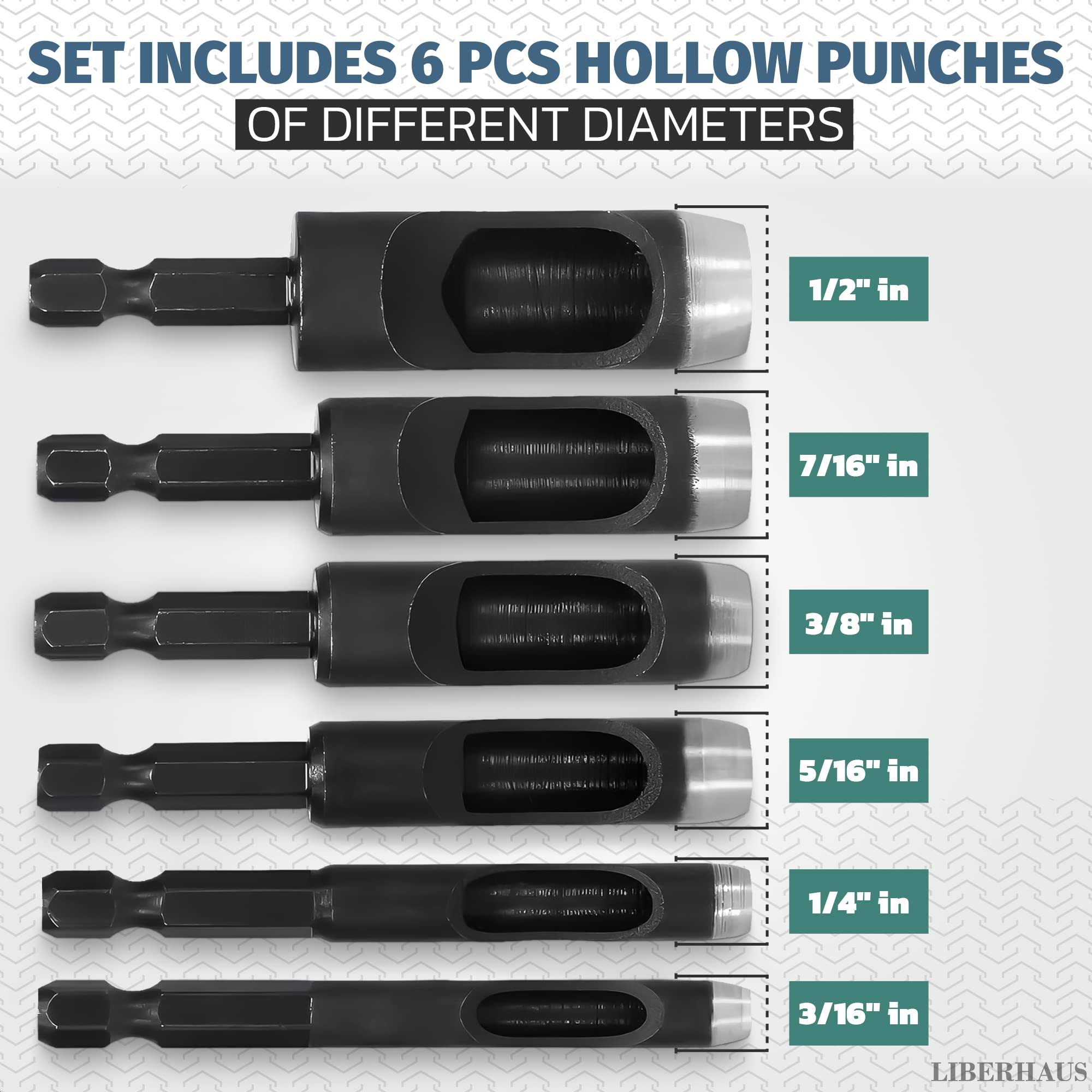 6 Piece Hollow Punch Set with Hex Shanks Non-Slip Fit Sizes 316