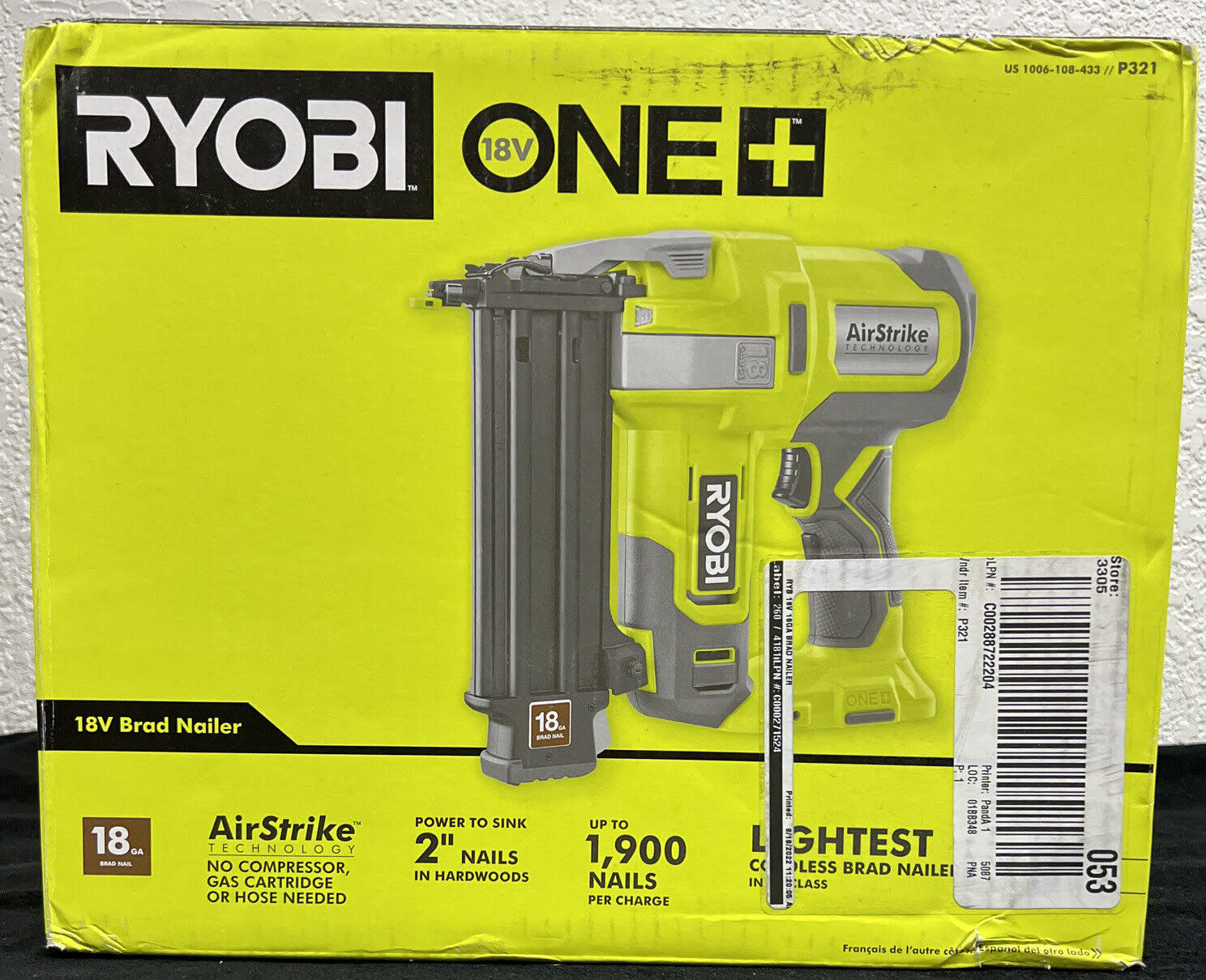 Ryobi P321 One+ 18V 18-Gauge Cordless Airstrike Brad Nailer (Tool Only)