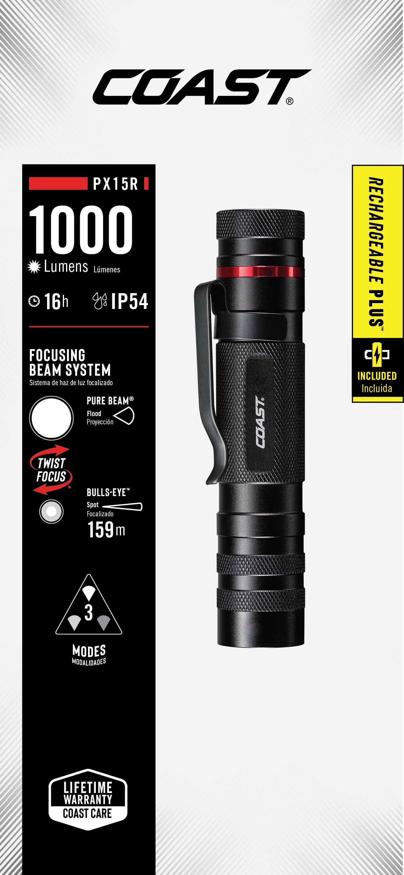 Coast Rechargeable Dual Power Px15r- 1000 Lumen IP54 Rated Flashlight