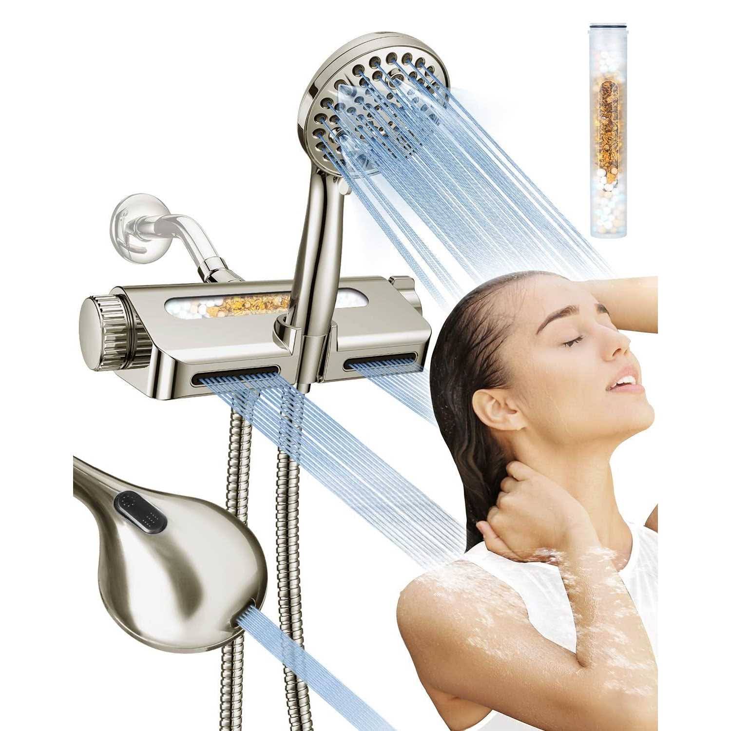 MakeFit Filtered Shower Head with Handheld Combo Brushed Nickel- Dual 2-in-1 Spa System with Massage Shower Head and 10 Modes Hand Held Shower Head