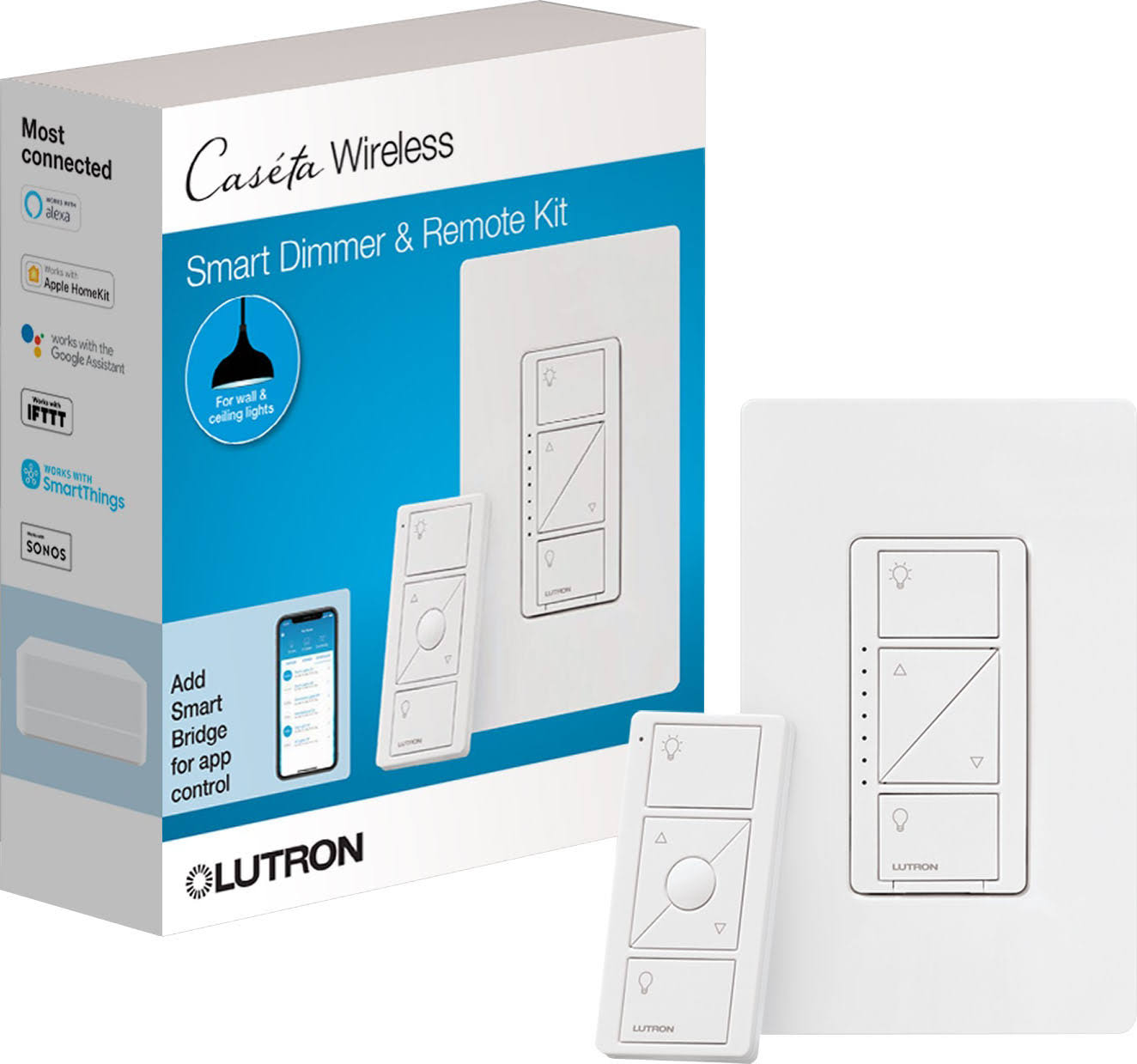 Lutron P-PKG1W-WH-R Caseta Wireless Smart Lighting Dimmer Switch and Remote Kit, White