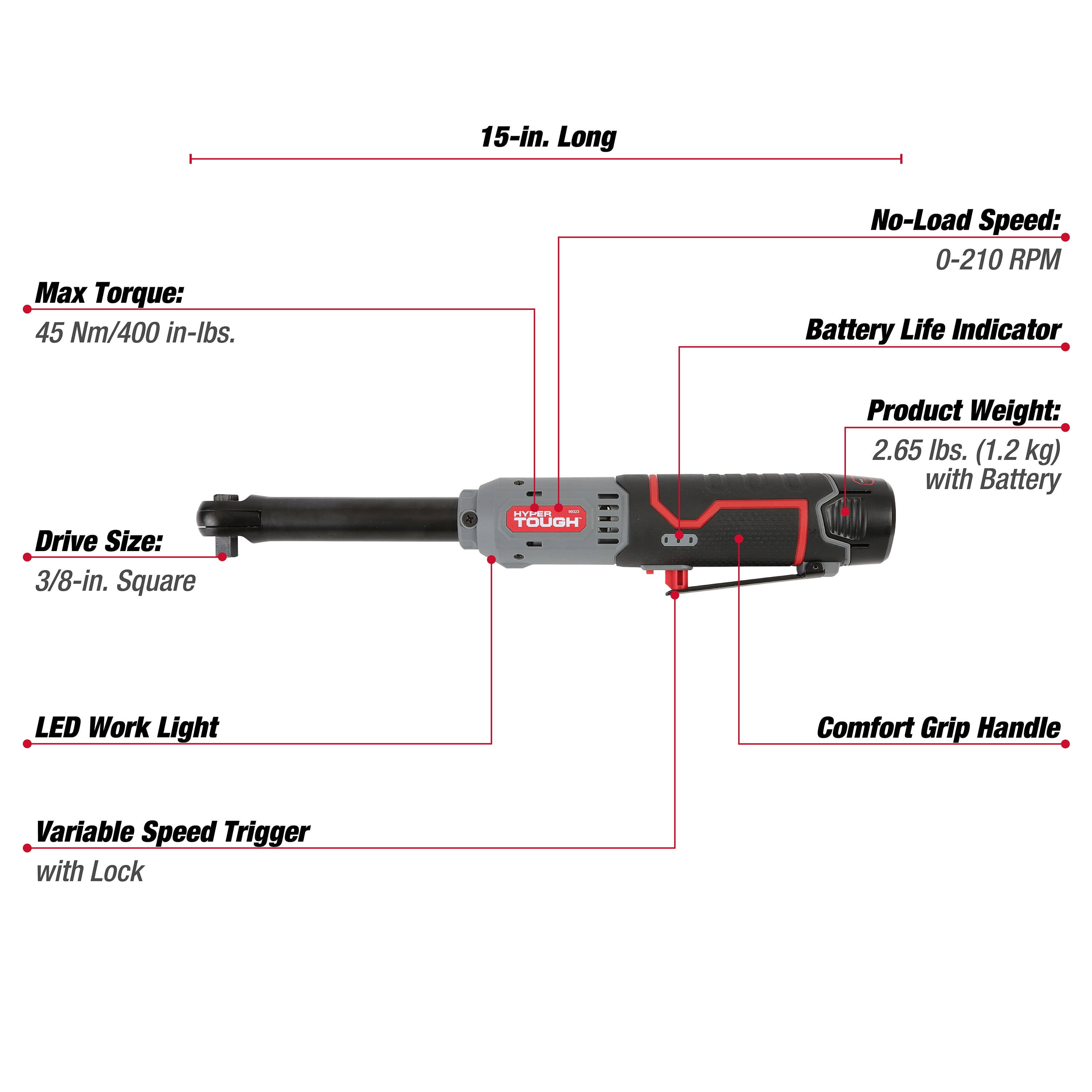 Hyper Tough 12V MAX* 3/8-in Lithium-Ion Cordless Extended Reach Ratchet with 1.5Ah Battery and Charger, 99323
