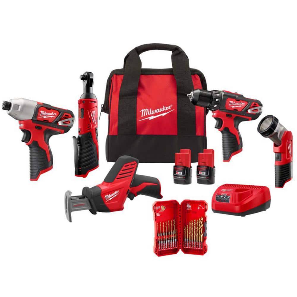 Milwaukee M12 12V Lithium-Ion Cordless 5-Tool Combo Kit w/SHOCKWAVE Impact Duty Titanium Drill Bit Set (23-Piece)