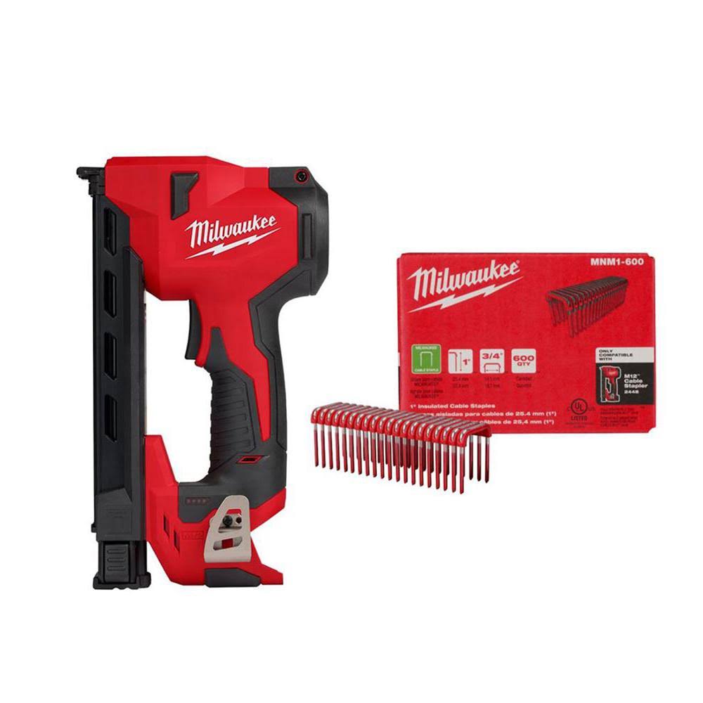 Milwaukee M12 12 Volt Lithium Ion Cordless Cable Stapler W/1 in. Insulated Cable Staples 600 per Box (2-Pack)