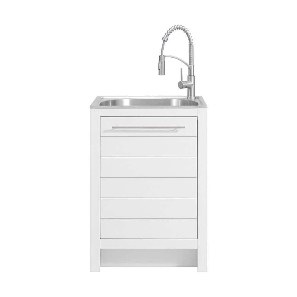 Glacier Bay All-in-One Stainless Steel 24 in Laundry Sink with Faucet and Storage Cabinet in White