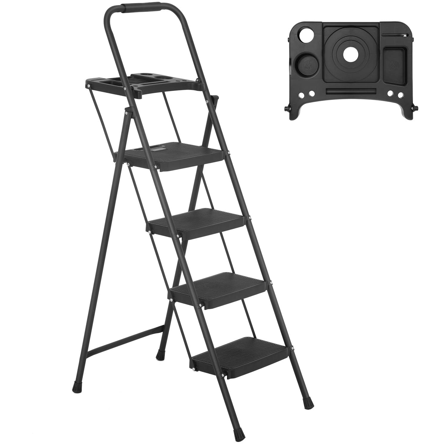 Step Ladder, Folding Step Stool with Wide Anti-Slip Pedal, Lightweight, Portable Steel Step Stool, Perfect for Kitchen& Household, Indoor and