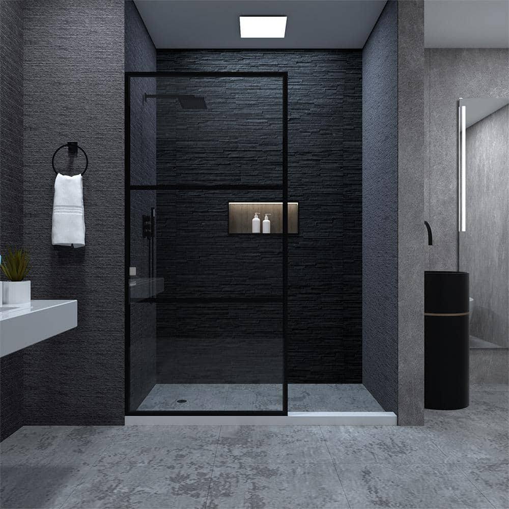 niveal Citron 34 in. W x 72 in. H Fixed Framed Shower Door in Matte Black Finish with Patterned Glass