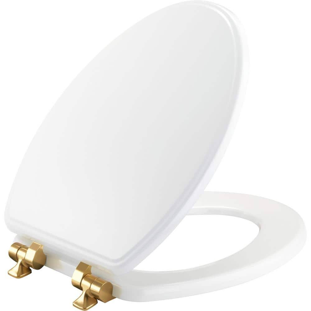 Bemis Weston Soft Close Elongated Enameled Wood Closed Front Toilet Seat in White Never Loosens Brushed Gold Hinge