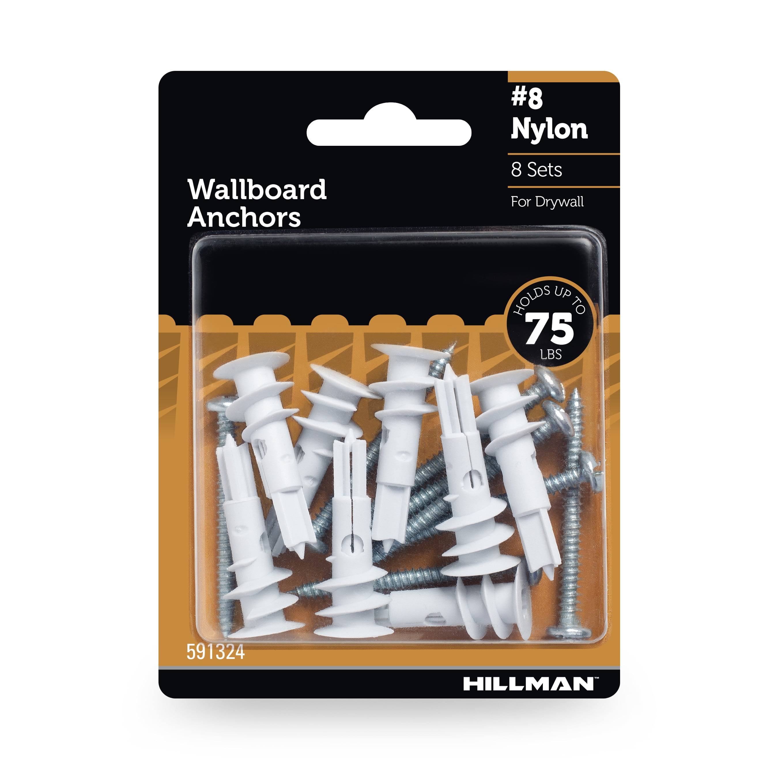 Hillman Drywall Nylon Anchor Screws, Pan Head Phillips Screw, VP Nylon, #8, 75lbs, 8 Sets 591324