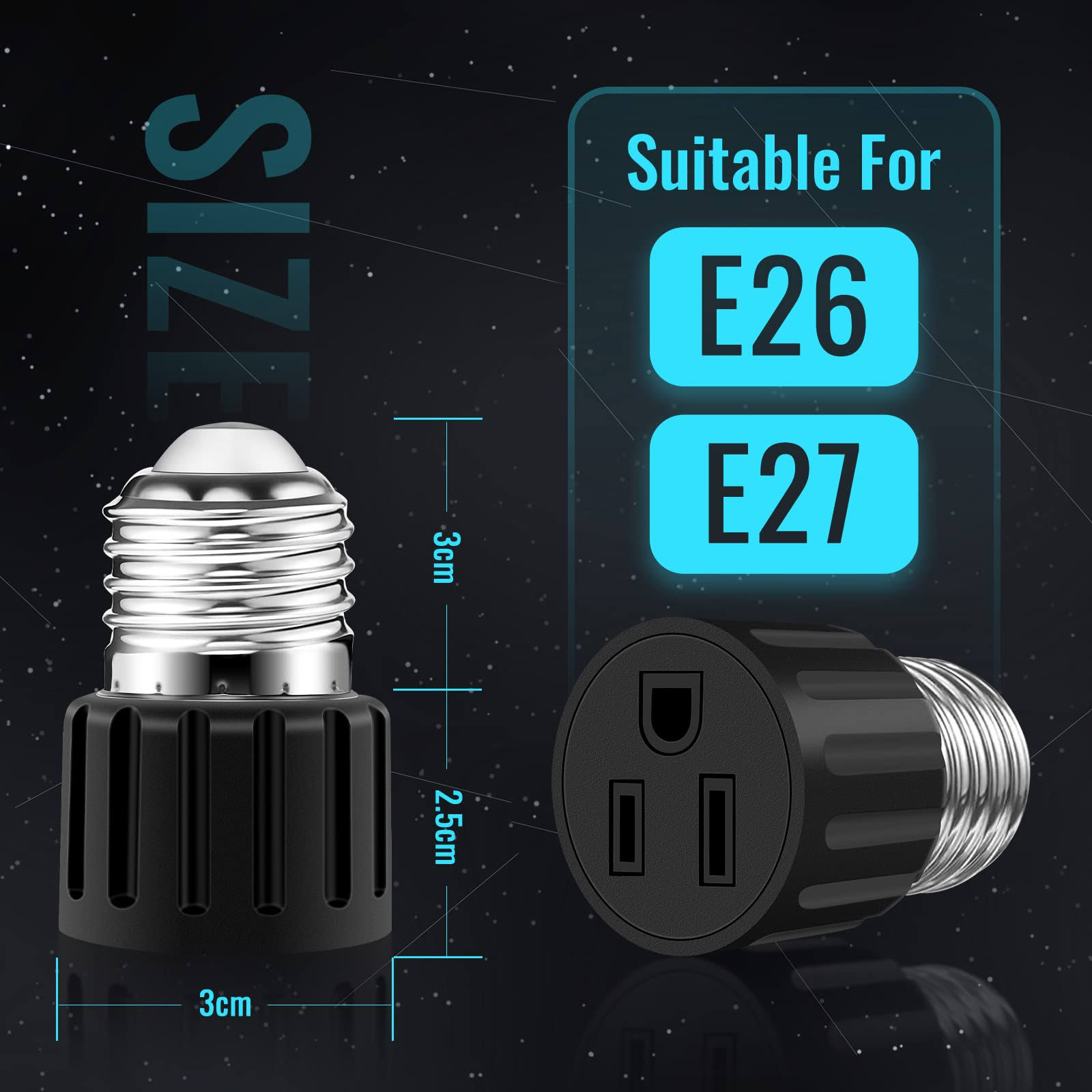 2 Packs ABORNI E26/E27 3 Prong Light Socket to Plug Adapter, Polarized Screw in Outlet for Light Socket Adapter Outlet 3Prong Light Bulb Socket