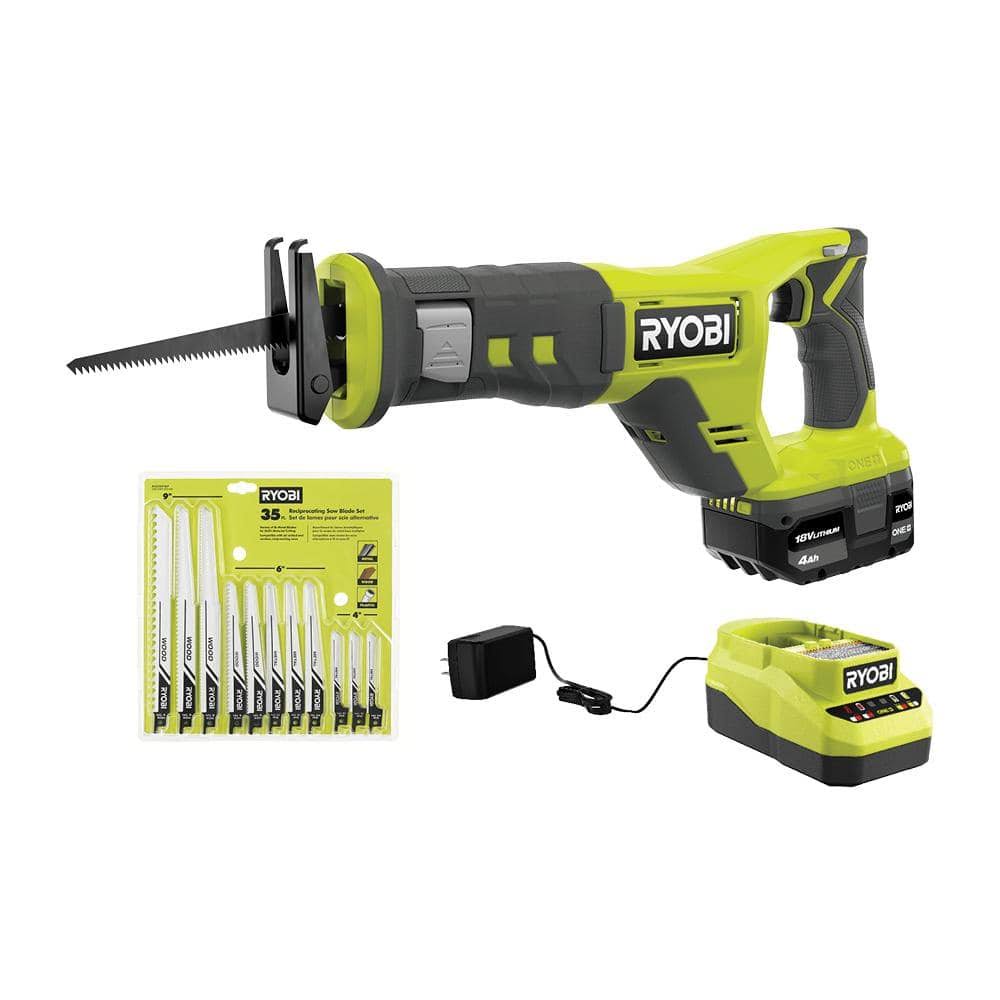 Ryobi One+ 18V Cordless Reciprocating Saw Kit with Battery and Charger w/ Multi-Purpose Reciprocating Saw Blade Set (35-Piece)
