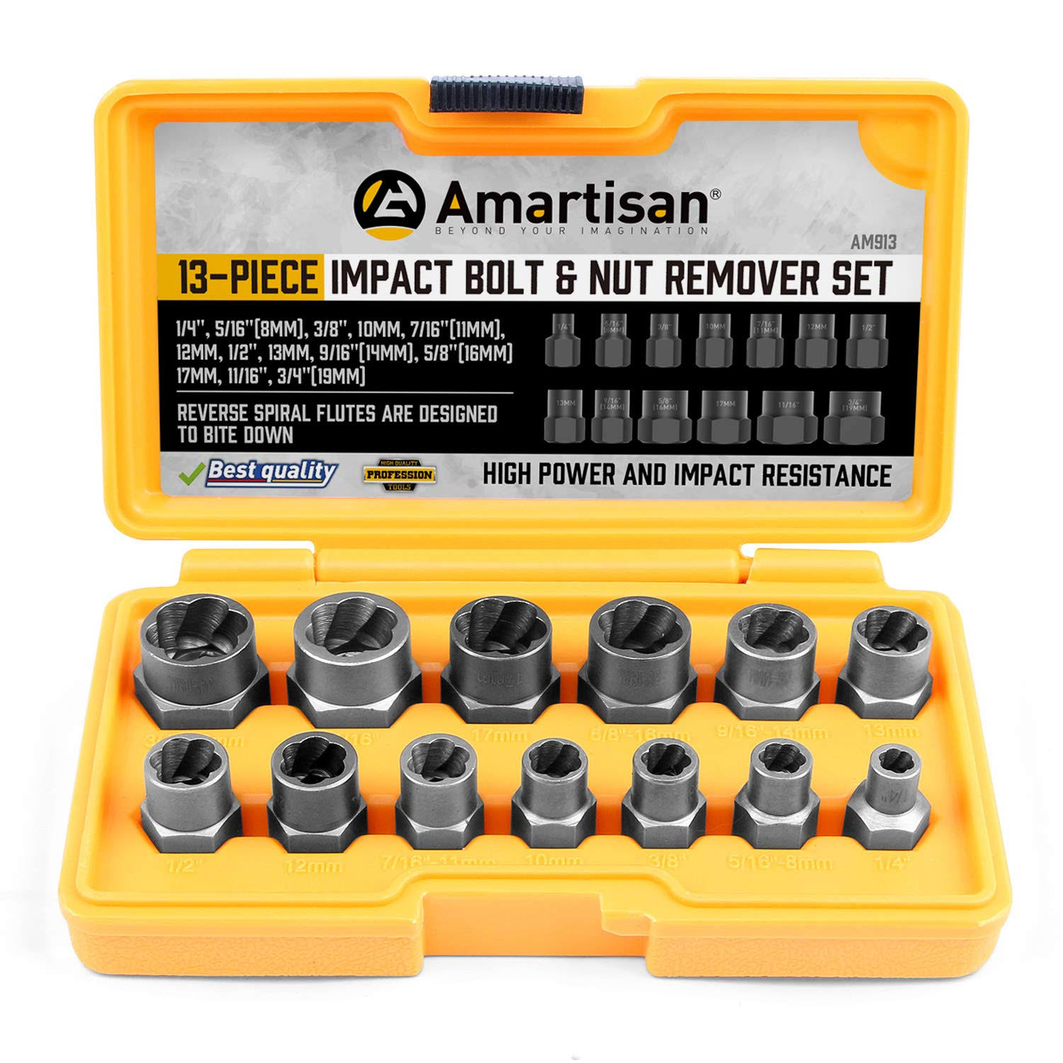 Amartisan Impact Bolt Extractor Tool, 13pc Bolt Nut Removal Extractor Socket Tool Set