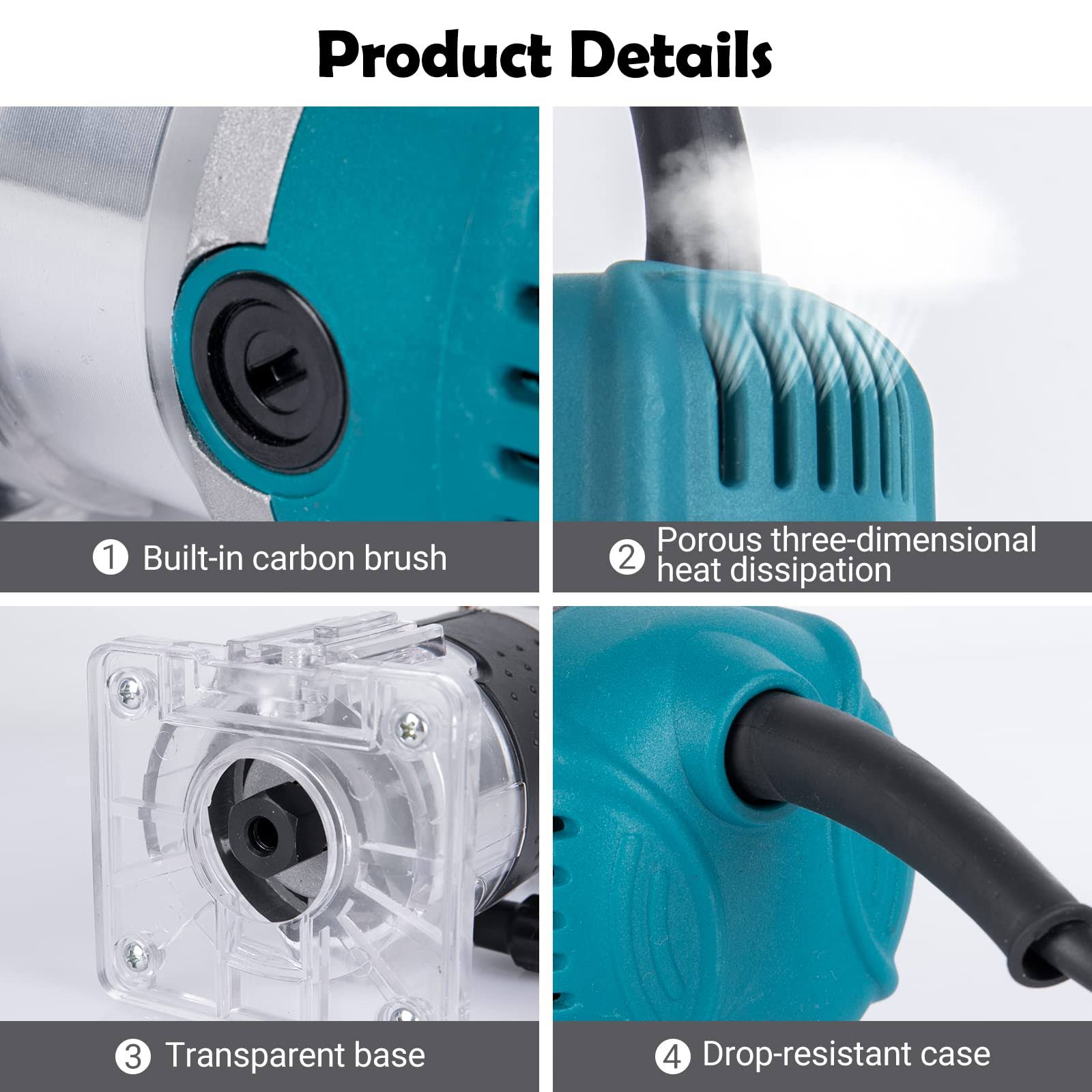 Compact Wood Router Tool 6 Speeds Adjustable Electric Hand Woodworking Trimmer Palm Router Kit with 15 Pcs Router Bits 800W 110V 33000r/min