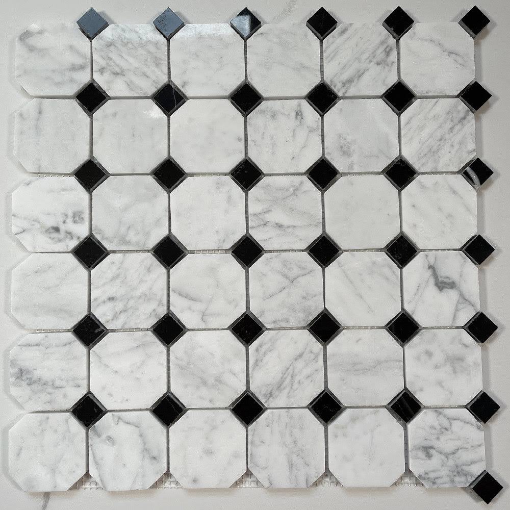 White Carrara Venato Marble Octagon Mosaic Tile Black Dots Polished 2