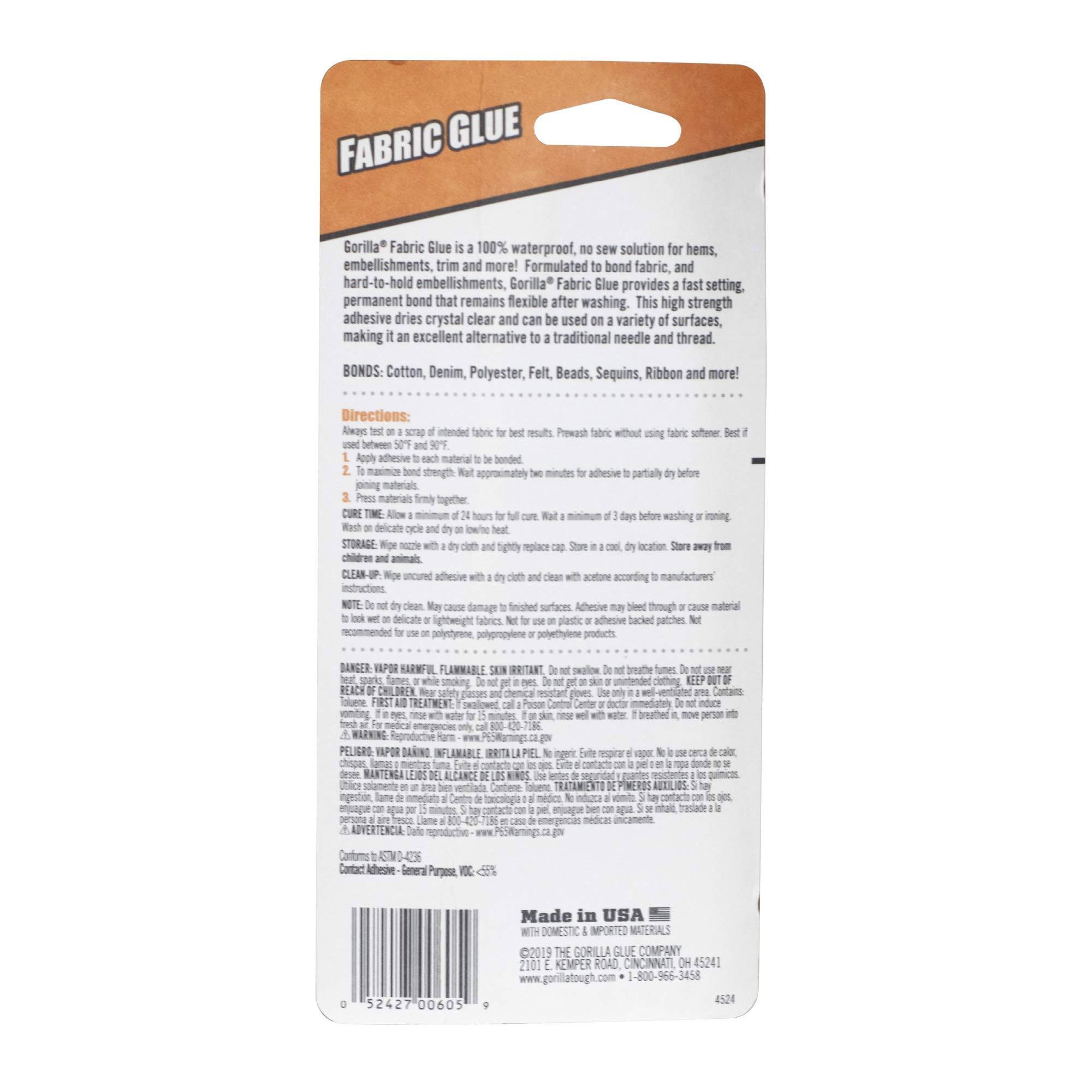 Gorilla Waterproof Fabric Glue 2.5 Ounce Tube, Clear, (Pack of 3)