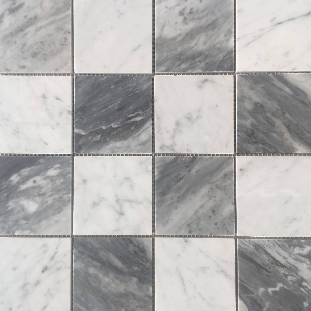 3x3 Checkerboard Carrara White Bardiglio Gray Marble Mosaic Tile Honed