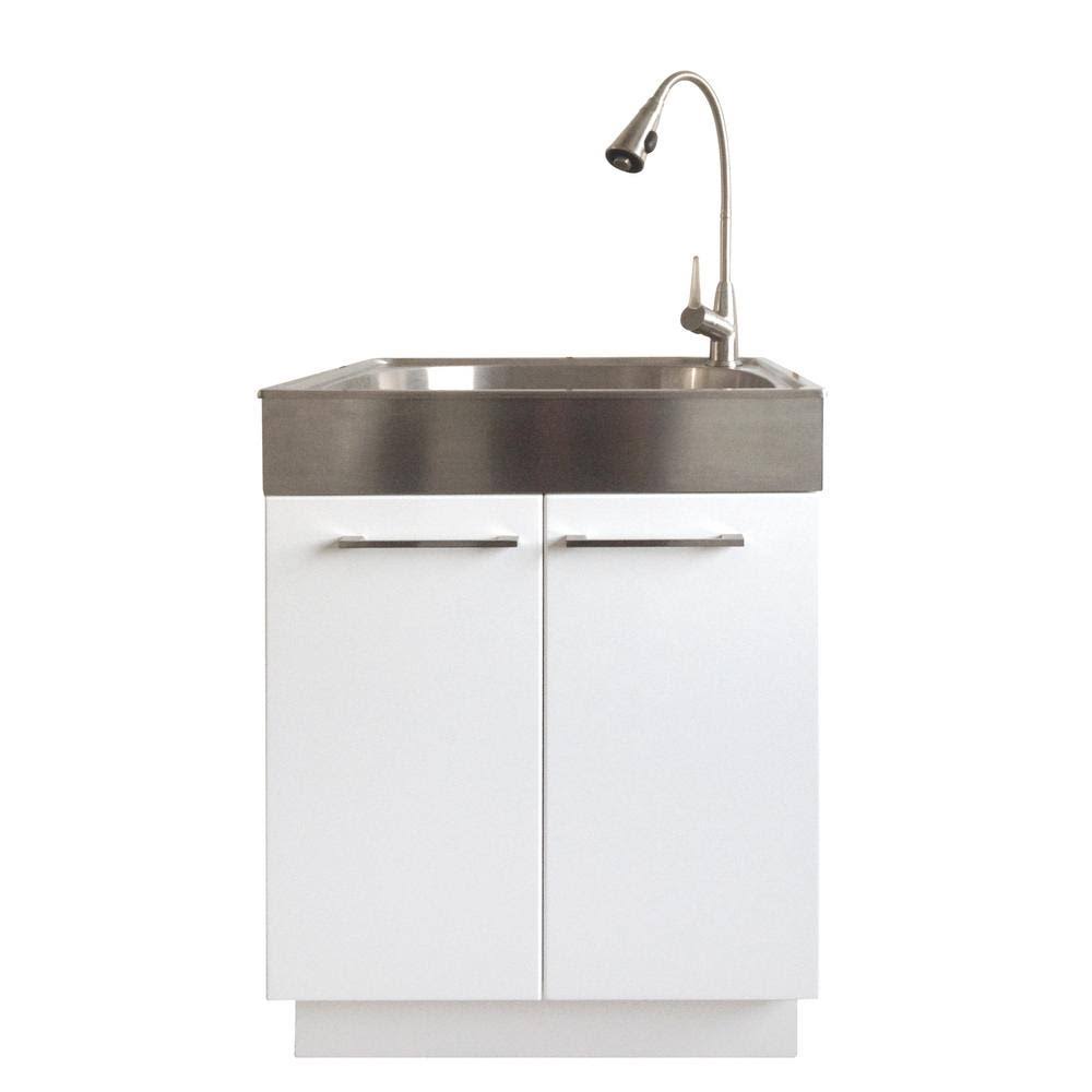 Glacier Bay All-in-One 24.2 in. x 21.3 in. x 33.8 in. Stainless Steel Laundry Sink and White 2 Door Cabinet High Gloss PVC Lami
