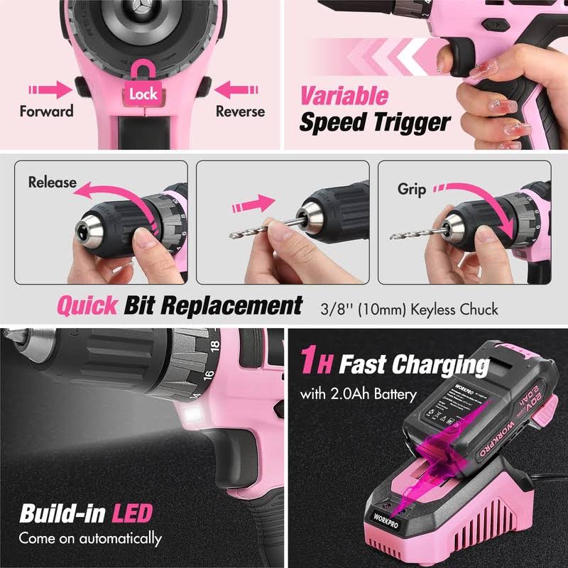 WorkPro Pink Household Tool Kit with 20V Cordless Lithium-Ion Drill Driver(Default Title)