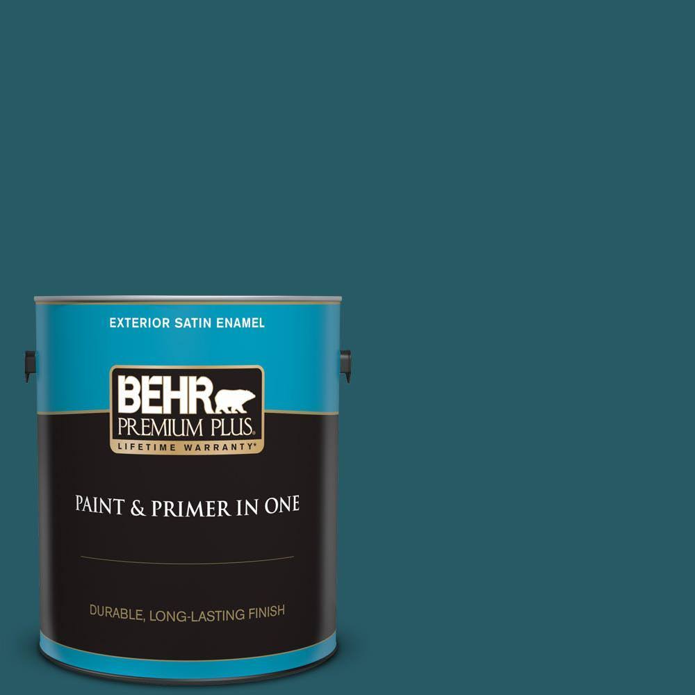 BEHR Premium Plus 1 gal. #S-H-530 Tropical Skies Satin Enamel Exterior Paint & Primer