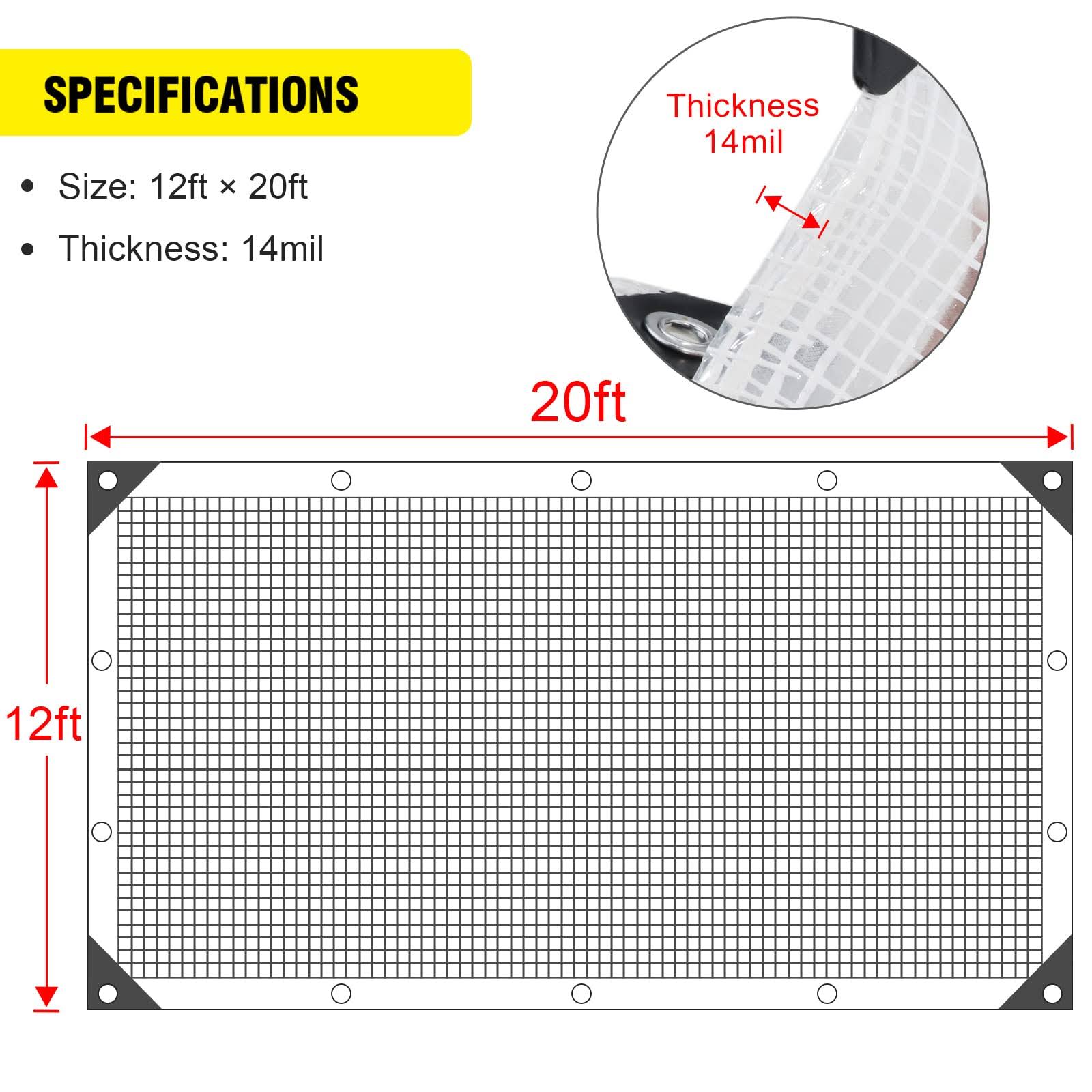 Clear Greenhouse Heavy Duty Tarp 14 Mil Clear Waterproof Cover,UV Resistant Poly Tarp with Grommets 12 x20ft Superior Strength,for Gardening,