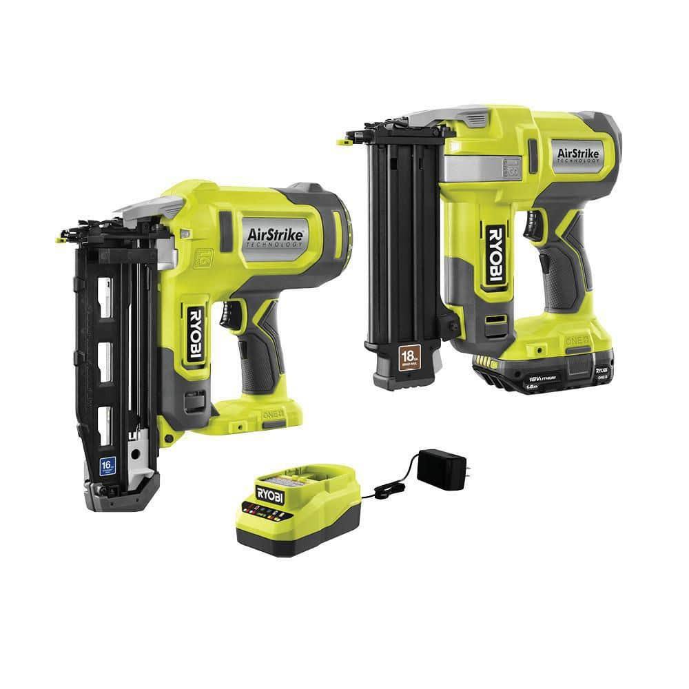 Ryobi PCL1202KN1 One+ 18V Cordless 18-Gauge Airstrike Brad Nailer Kit with 16-Gauge Airstrike Finish Nailer, 1.5 Ah Battery, and Charger