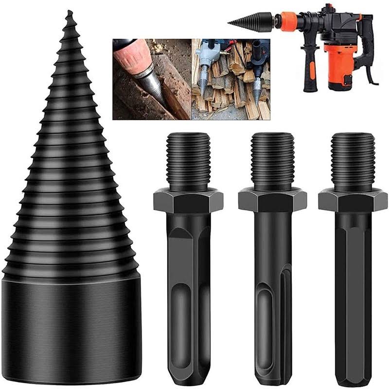 Hengzhe Firewood Log Splitter 3pcs Drill Bit Removable Cones Kindling Wood Splitting Logs Bits Heavy Duty Electric Drills Screw Cone Driver Hex + Squa