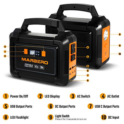 MARBERO 167Wh Portable Power Station 45000mAh Solar Generators Lithium Battery Power Supply with 110V AC Outlet, 2 DC Ports, 4 USB Ports, LED