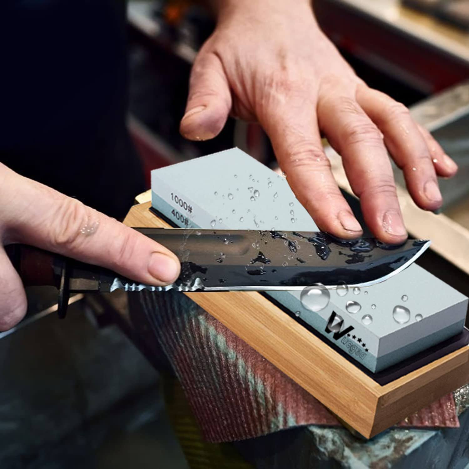 wucgea Knife Sharpening Stone Kit- 400/1000 3000/8000 Grit Japanese Whetstone Sharpener Set with Non-Slip Rubber Base Angle Guide Flattening Stone