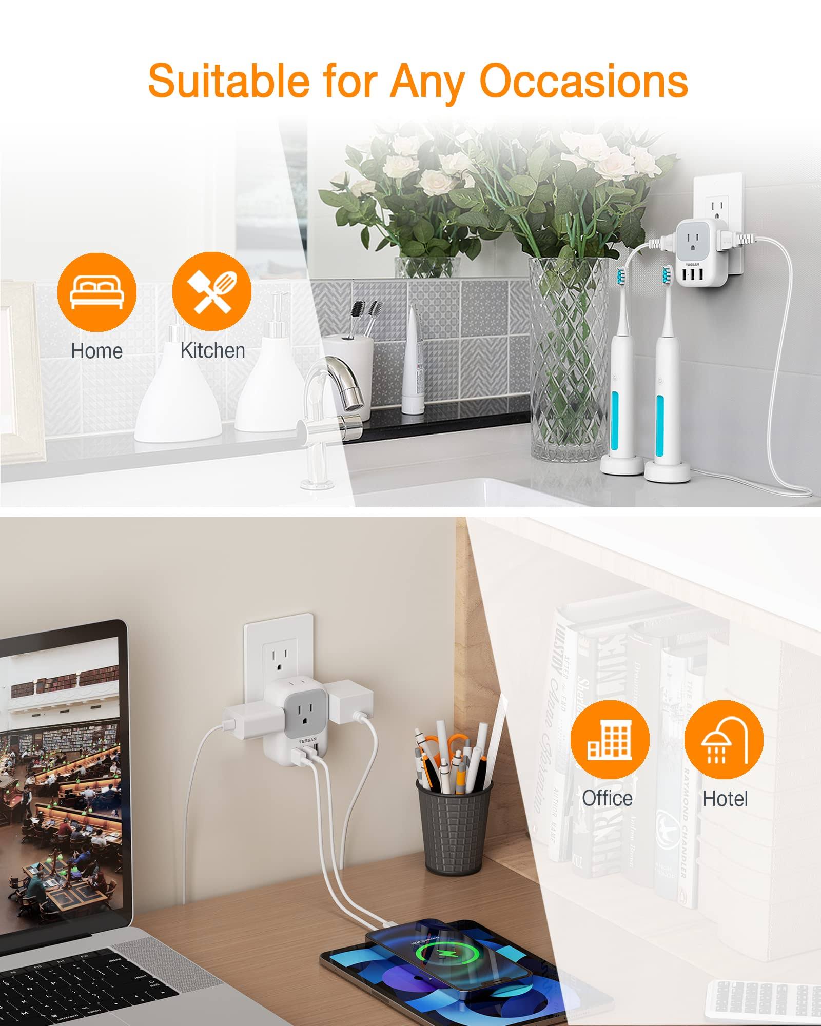 Multi Plug Outlet Extender with USB, TESSAN Electrical 4 Box Splitter 3 USB Wall Charger, Multiple Charging Station for Cruise, Travel, Office, Dorm