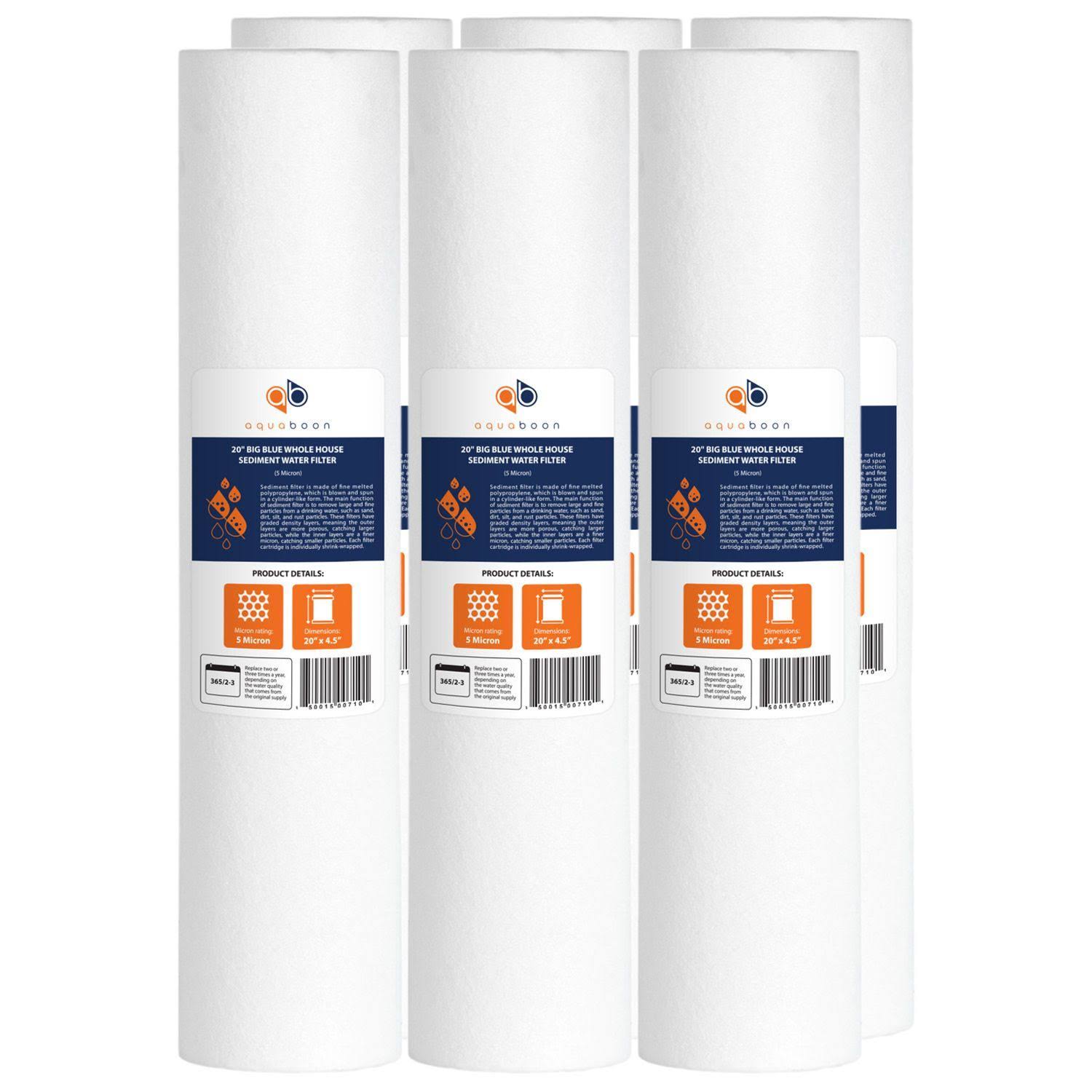 6pk of Big Blue Whole House 5 Micron 20 in. x 4.5 in. Sediment Water Filter Cartridge by Aquaboon