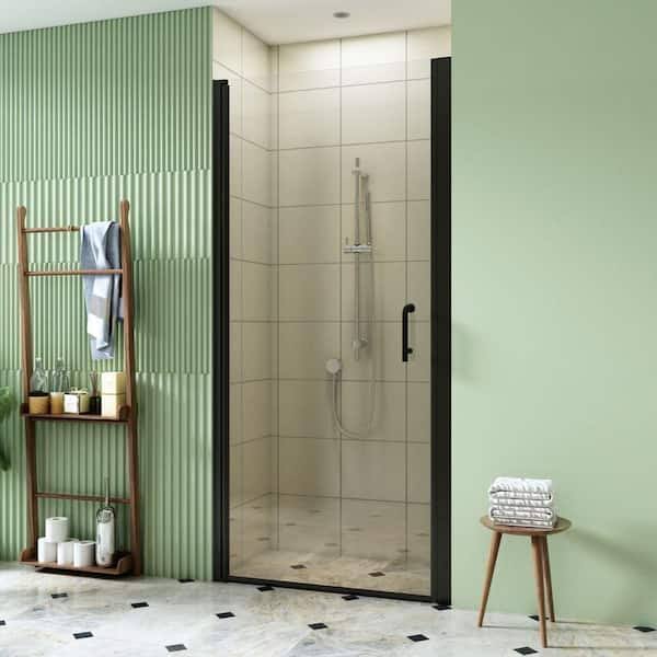 TOOLKISS 34 to 35-1/2 in. W x 72 in. H Pivot Swing Frameless Shower Door in Black with Clear Glass FP34MB