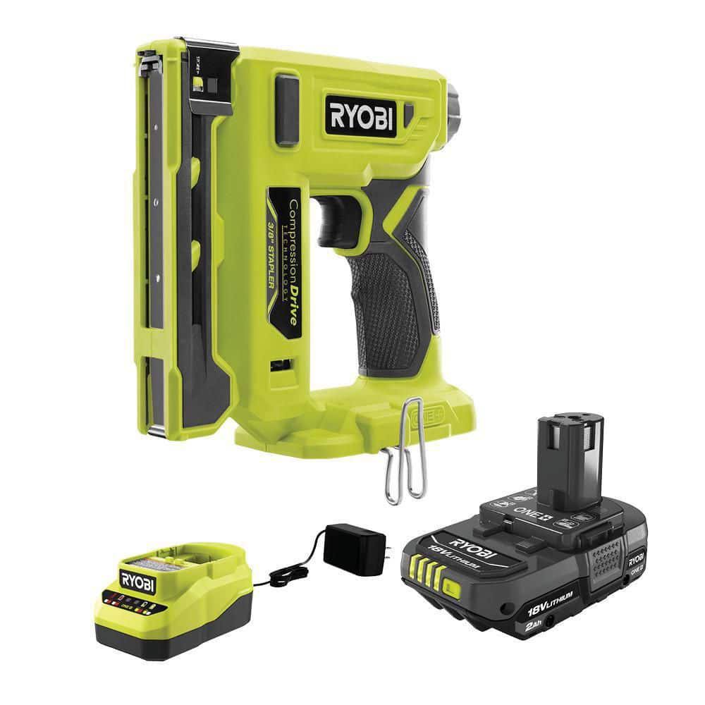 Ryobi One+ 18V Cordless Compression Drive 3/8 in. Crown Stapler Kit with 2.0 Ah Battery and Charger