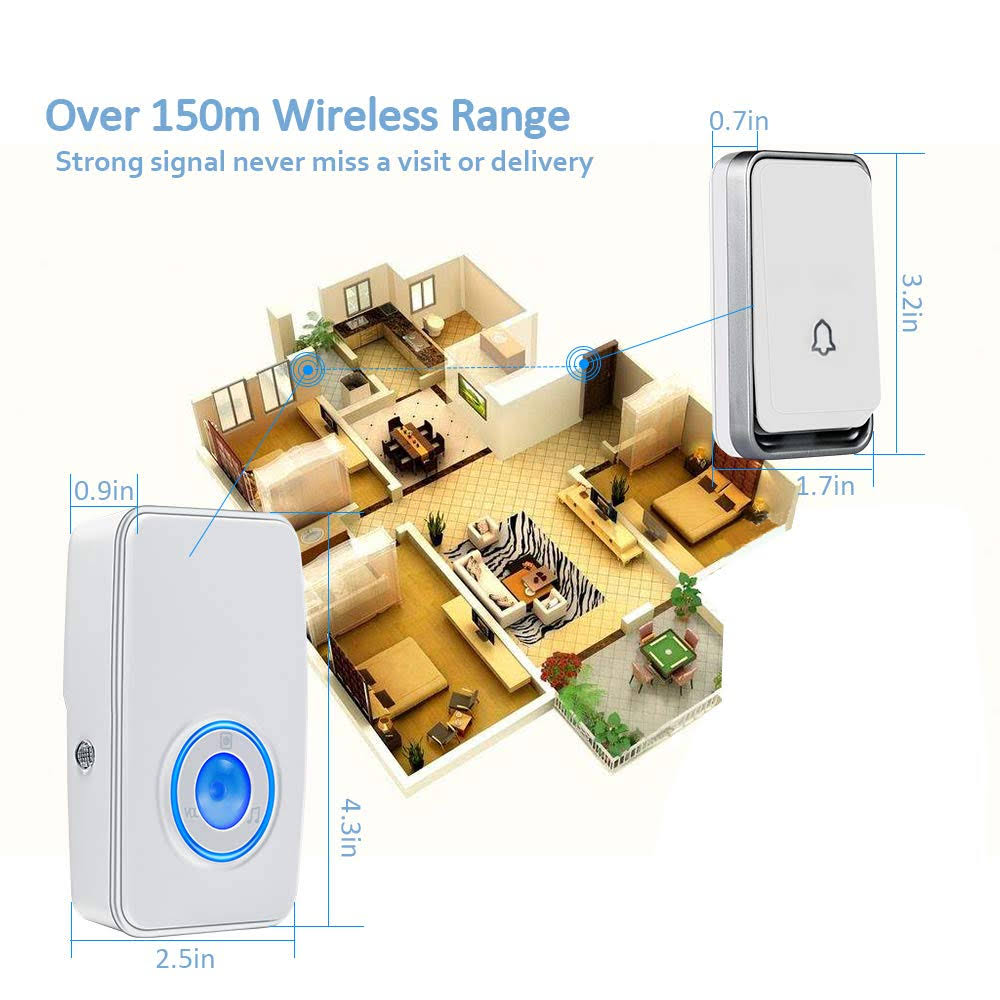 ?No Battery Required?Wireless Doorbell Waterproof, AURTEC Door Chime Kit with 1 Plug-In LED Flash Receivers & 1 Press Self-Powered Transmitter, 51