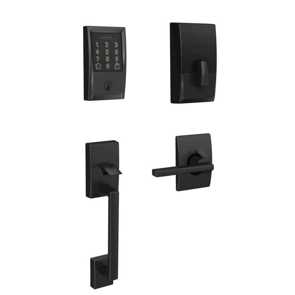 Schlage Century Matte Black Encode Smart Wi-Fi Deadbolt with Alarm and Entry Door Handle with Latitude Handle and Century Trim 204003
