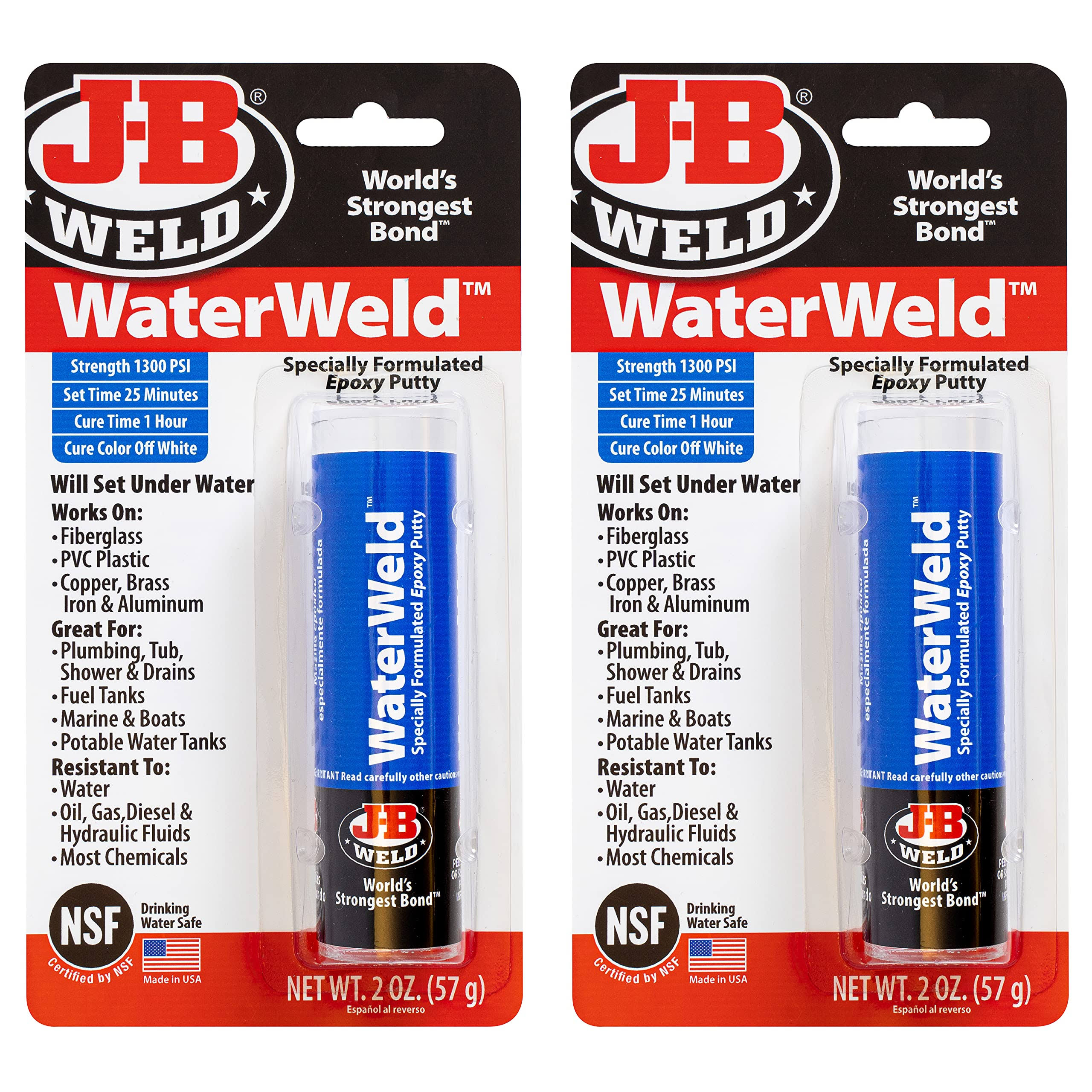 J-B Weld Waterweld, 1 Hour Cure, Epoxy Putty Stick- 2 Pack, Off-White (8277-2)